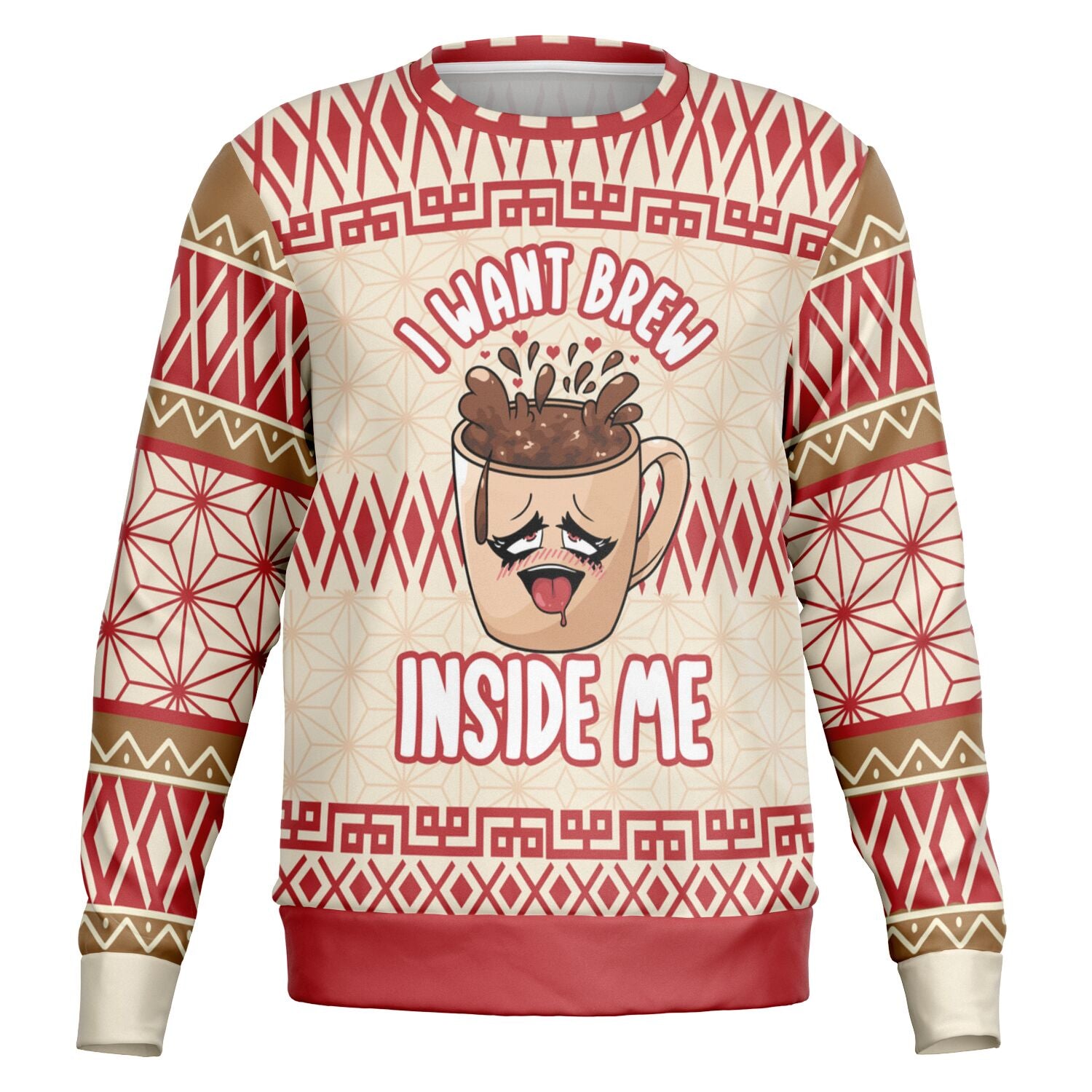 Cream and red Christmas sweater with “I Want Brew Inside Me” slogan and cartoon coffee mug — cheeky caffeine humor from CollegeWares.