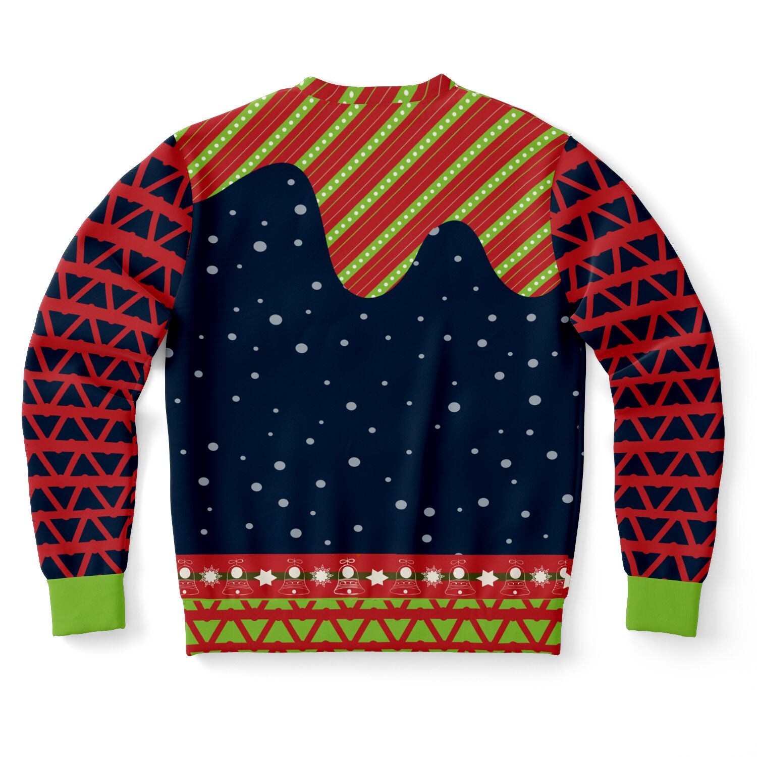 Back view of navy sweater with snowflakes, red cuffs, and patterned shoulders — festive adult humor style from CollegeWares.