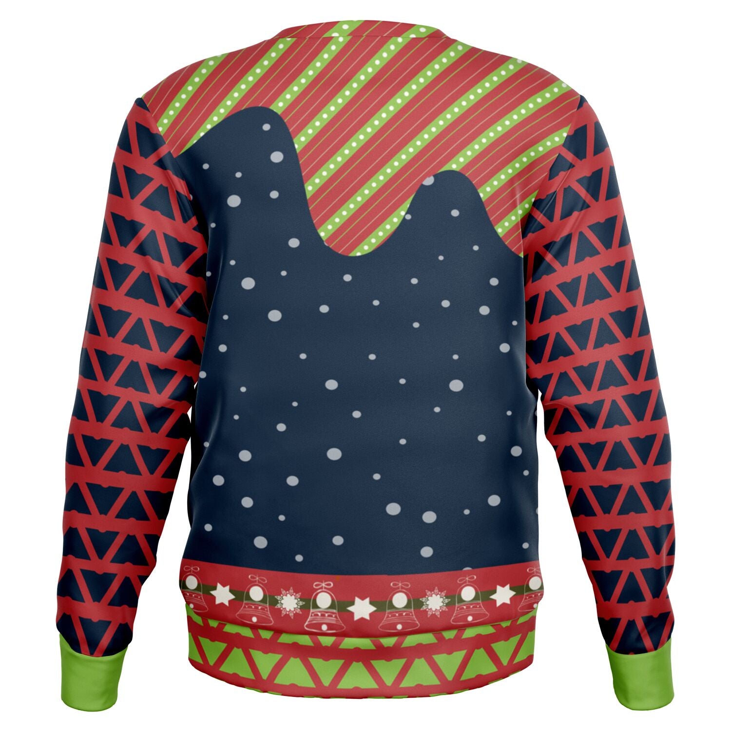 Back view of navy sweater with snowflakes, red cuffs, and patterned shoulders — festive adult humor style from CollegeWares.
