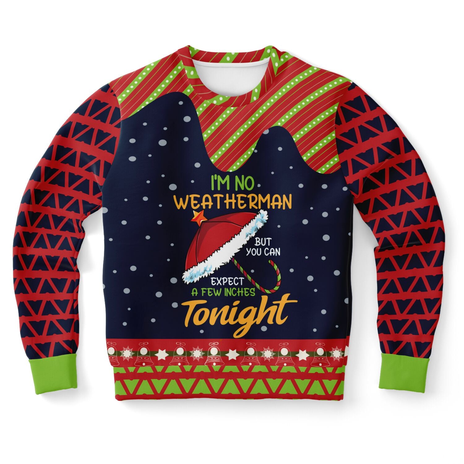 Navy and red Christmas sweater with “I’m No Weatherman But You Can Expect a Few Inches Tonight” text and Santa hat graphic — bold and cheeky holiday wear from CollegeWares.