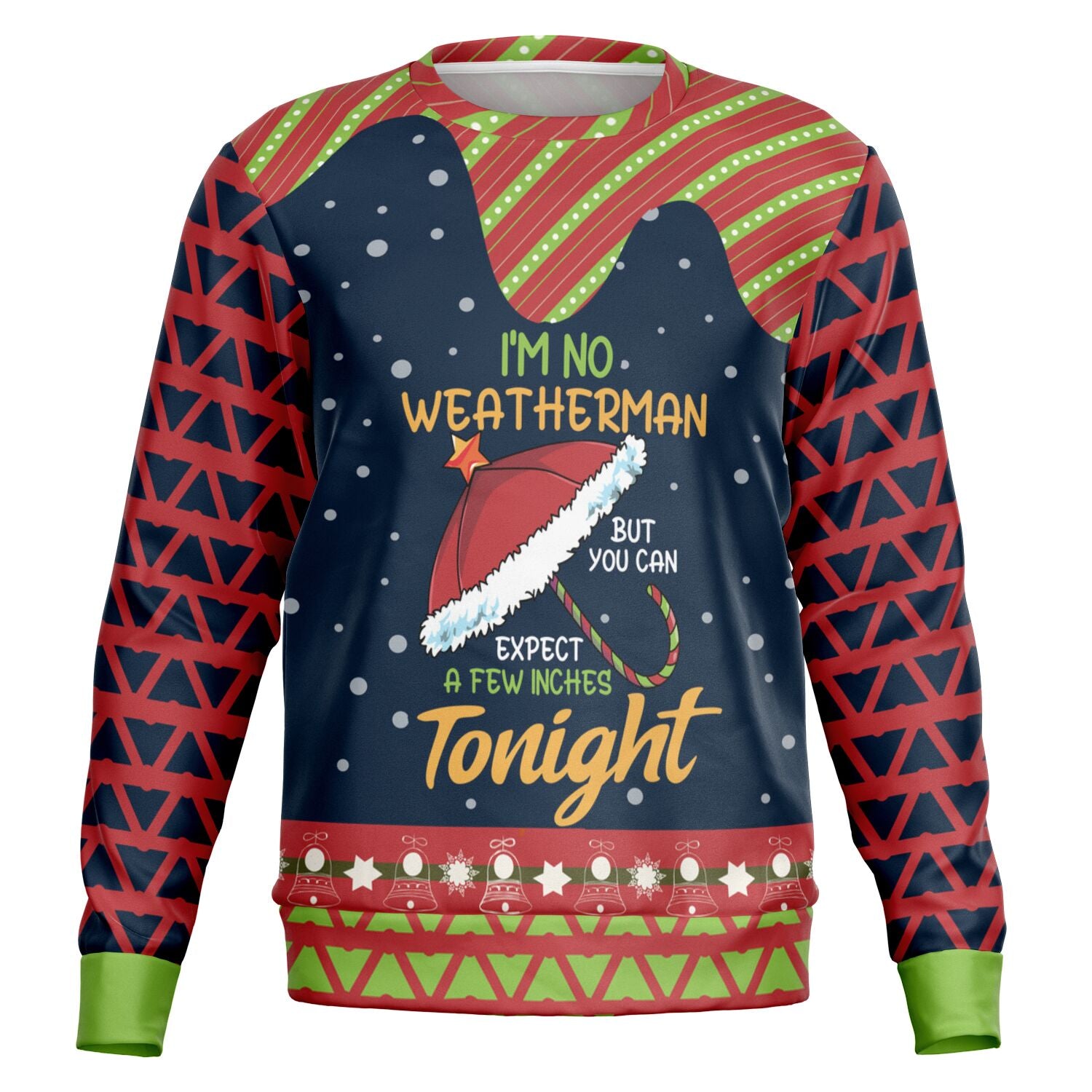 Navy and red Christmas sweater with “I’m No Weatherman But You Can Expect a Few Inches Tonight” text and Santa hat graphic — bold and cheeky holiday wear from CollegeWares.