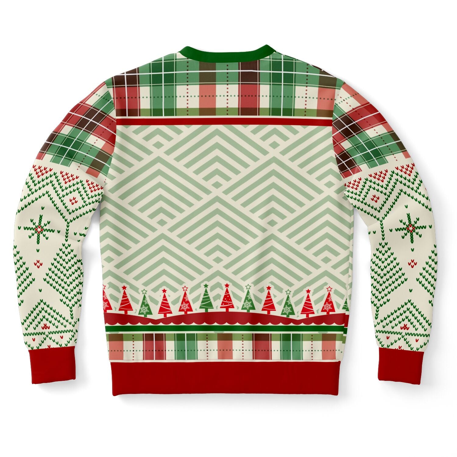 Back view of cream and red sweater with geometric patterns and tree border — playful festive design from CollegeWares.