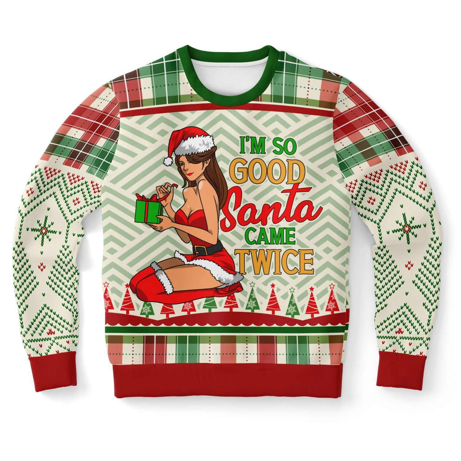 Cream and red Christmas sweater featuring a sexy cartoon woman in Santa attire with “I’m So Good Santa Came Twice” text — spicy holiday humor by CollegeWares.