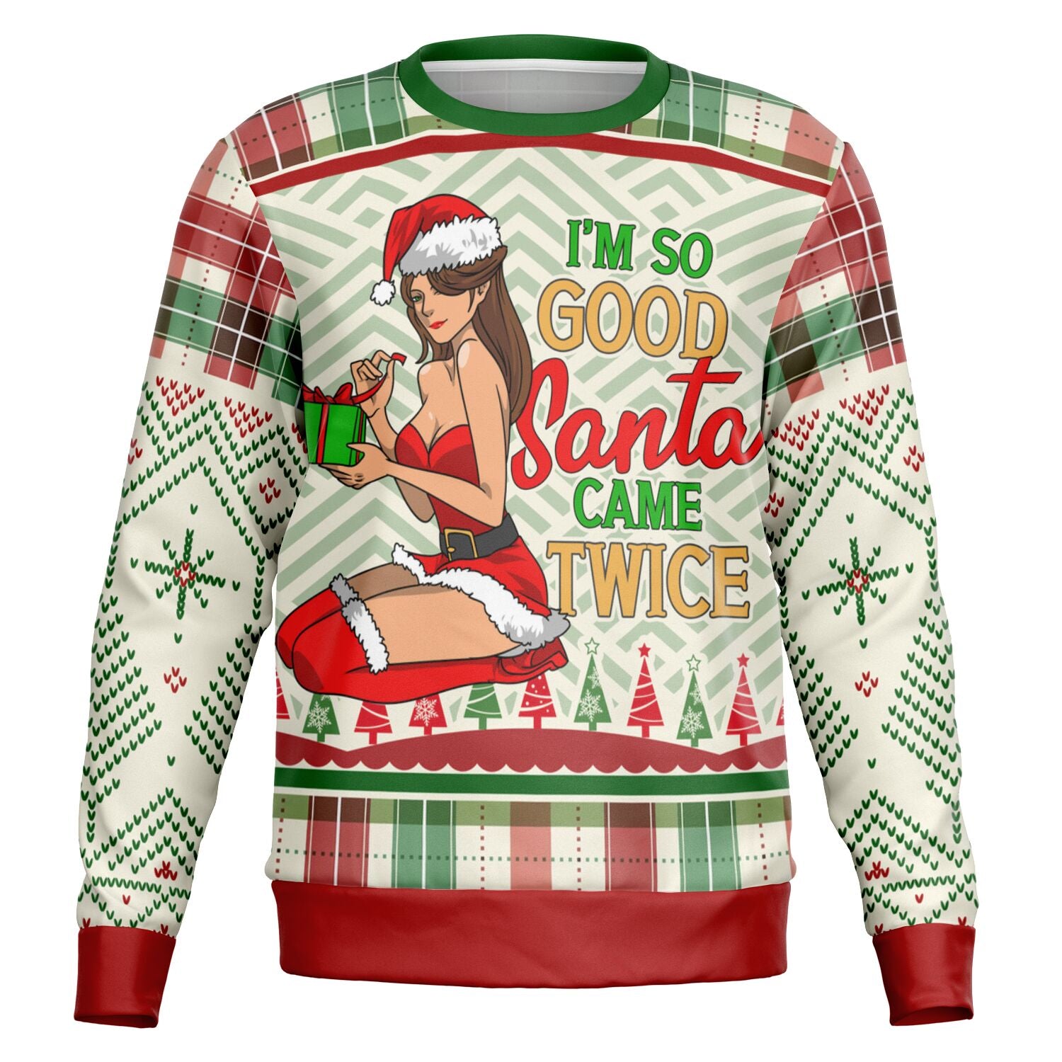 Cream and red Christmas sweater featuring a sexy cartoon woman in Santa attire with “I’m So Good Santa Came Twice” text — spicy holiday humor by CollegeWares.