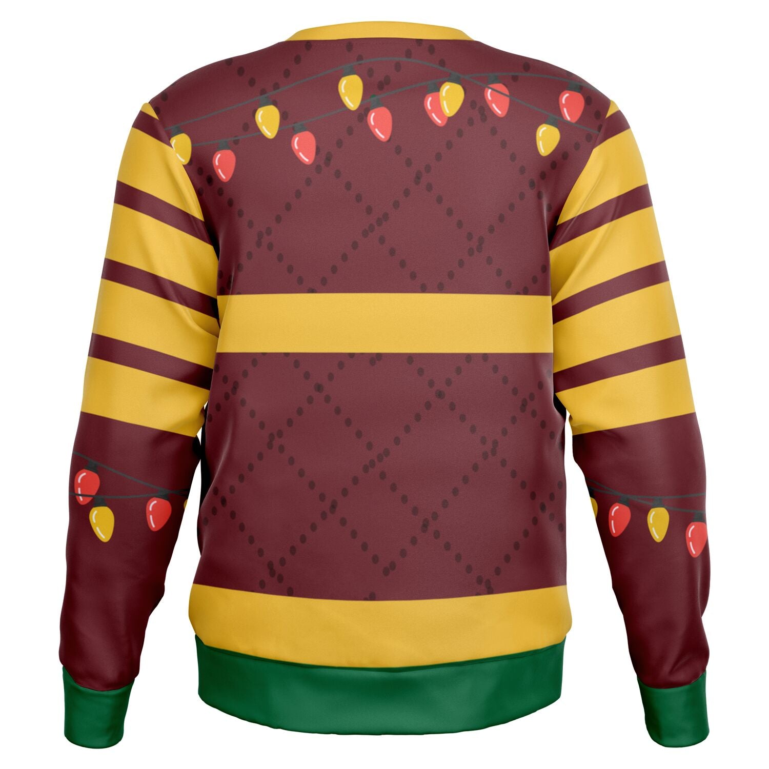 Back view of maroon sweater with yellow stripes and holiday lights — festive no-text design from CollegeWares.