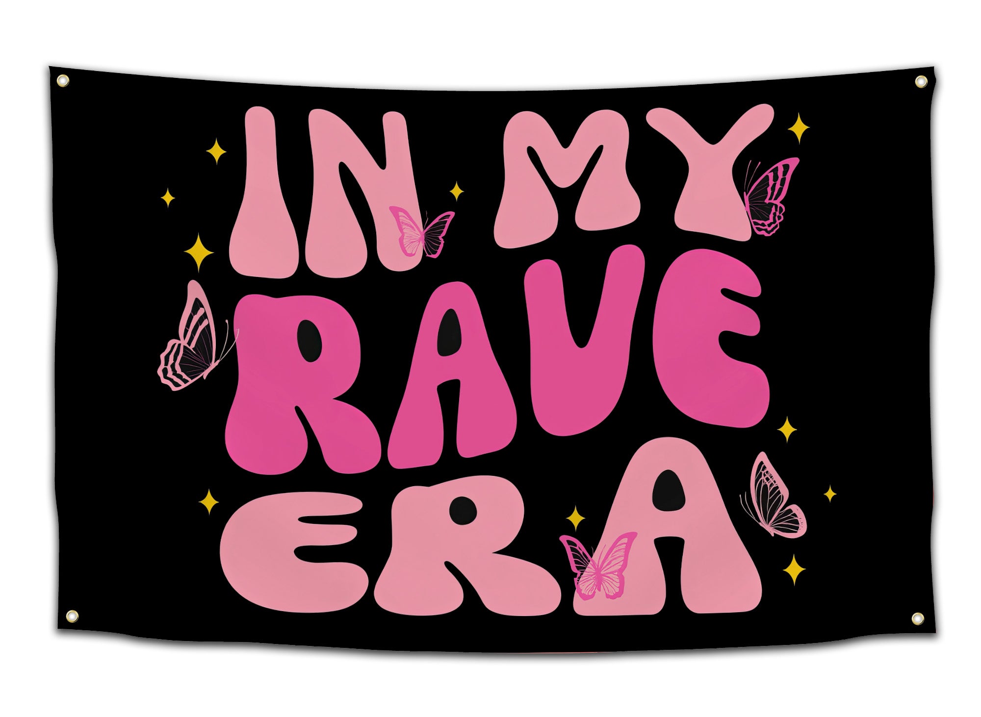 Black flag with pink bubble letters reading “In My Rave Era,” surrounded by butterflies and small star accents — cute EDM and festival flag for ravers from CollegeWares.