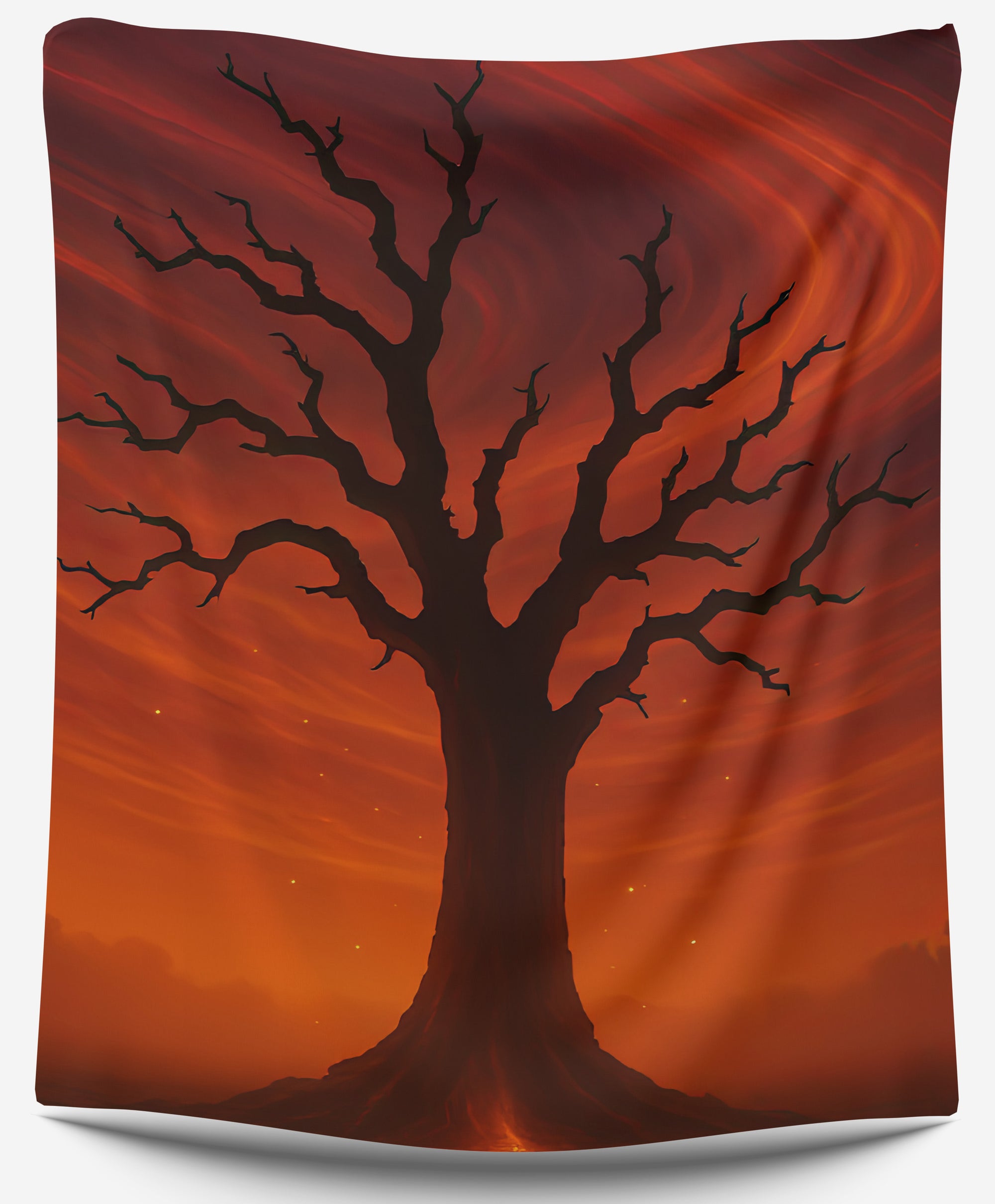 Silhouette tree against fiery red sky tapestry, glowing ember landscape wall art by CollegeWares.