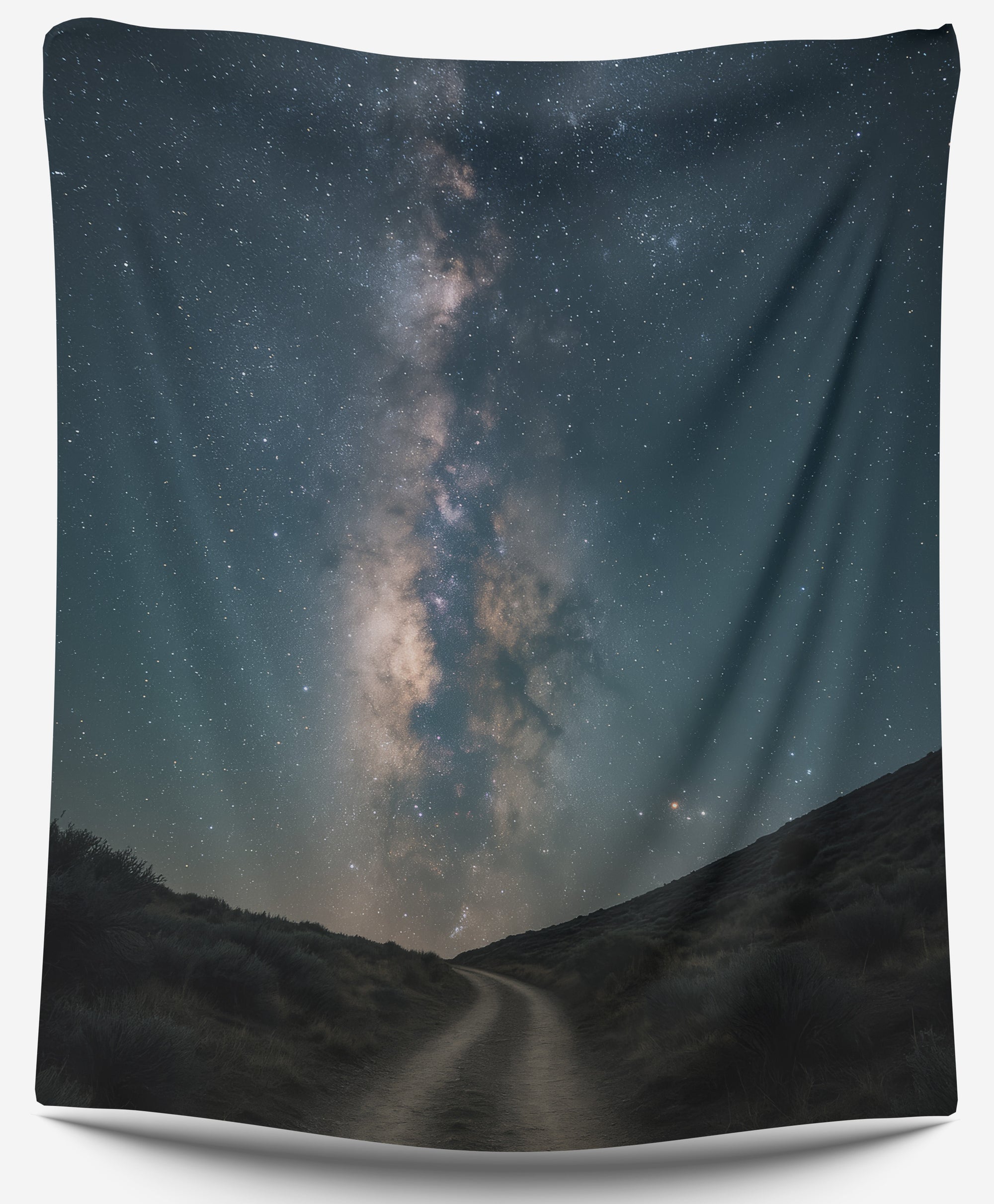 Milky Way over dirt trail between hills, dreamy night sky dorm tapestry for stargazer wall decor by CollegeWares.
