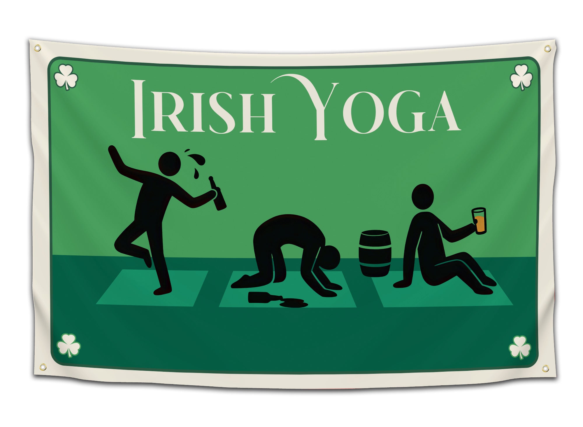 Green flag with stick figures performing “Irish Yoga” drinking poses — one wobbling, one on all fours, and one sitting with a pint — funny St. Patrick’s Day and college drinking flag from CollegeWares.