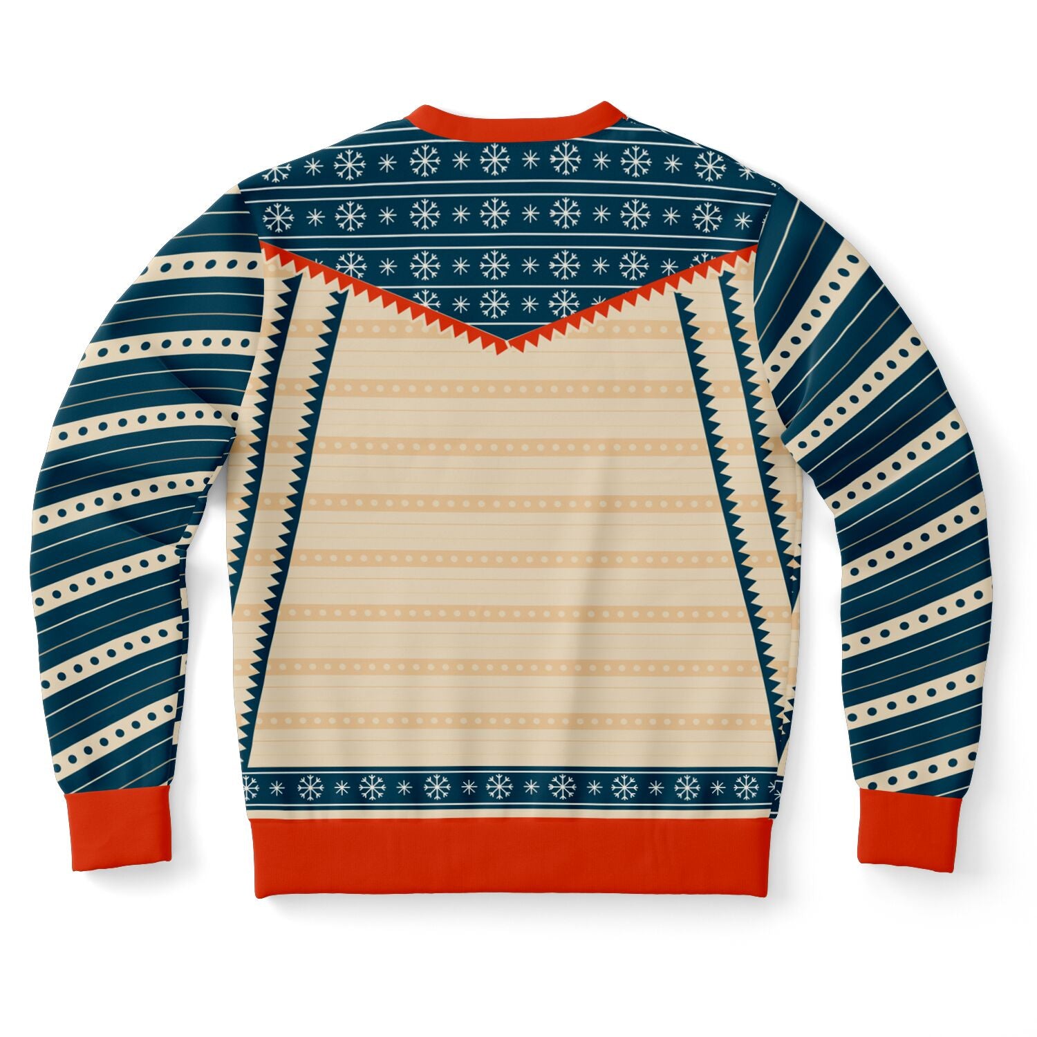 Back view of tan and navy sweater with snowflake and stripe patterns — bold Christmas sarcasm from CollegeWares.