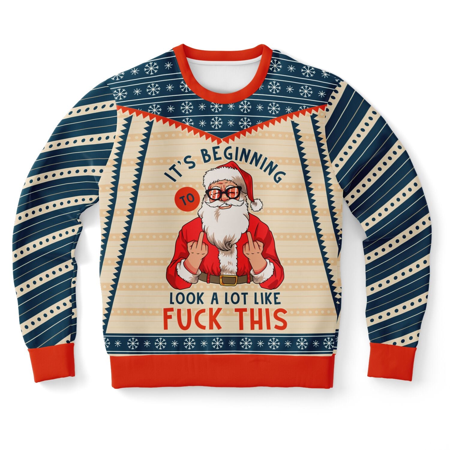 Tan and navy blue sweater with Santa flipping the bird and “It’s Beginning to Look a Lot Like F*** This” slogan — edgy holiday humor from CollegeWares.