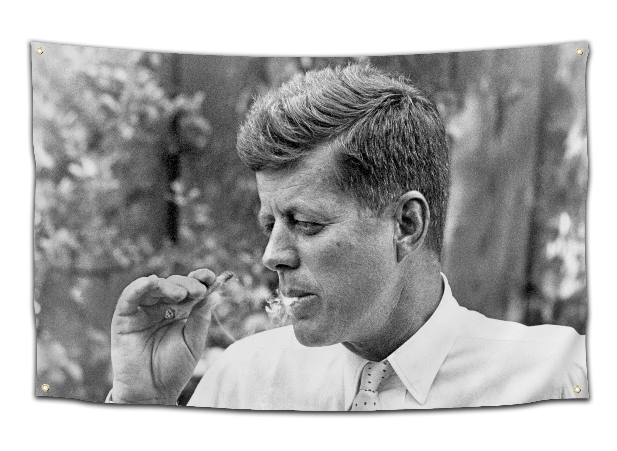 Black and white flag showing President John F. Kennedy smoking a cigar outdoors – chill vintage-style flag from CollegeWares.