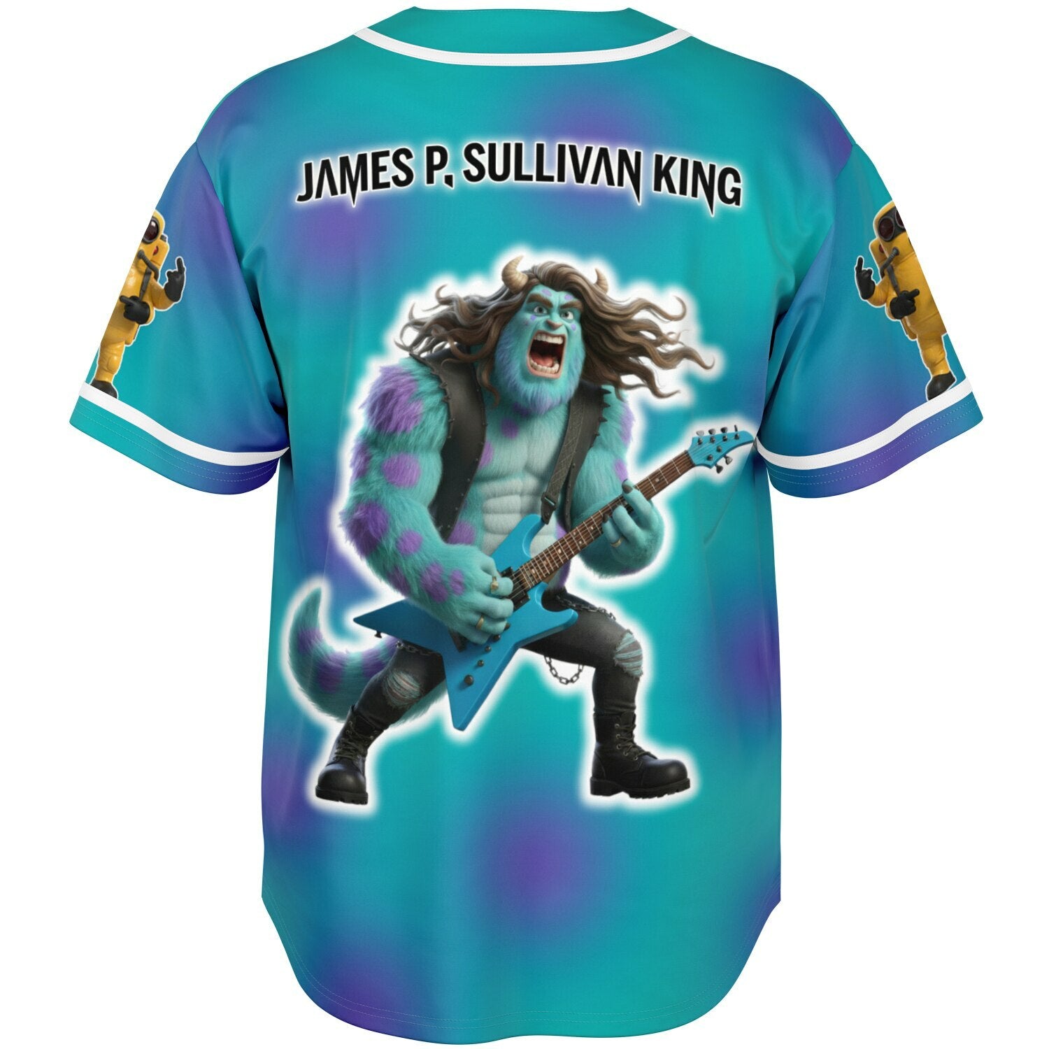 Back angle of the teal-and-purple parody EDM baseball jersey worn by a model, highlighting the animated monster shredding a guitar — festival jersey for bassheads from CollegeWares.