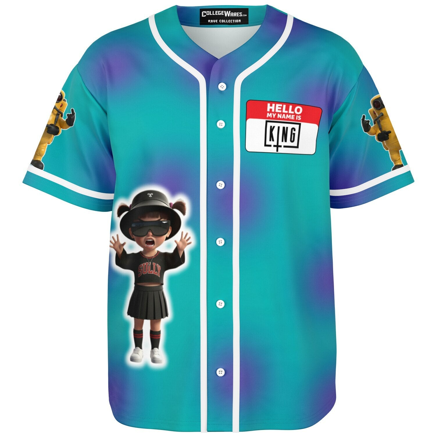 Ghost-mannequin front view of the teal baseball-cut EDM jersey with a bold ‘King’ name tag and screaming cartoon gremlin — rave outfit for EDM fans from CollegeWares.
