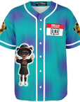Ghost-mannequin front view of the teal baseball-cut EDM jersey with a bold ‘King’ name tag and screaming cartoon gremlin — rave outfit for EDM fans from CollegeWares.