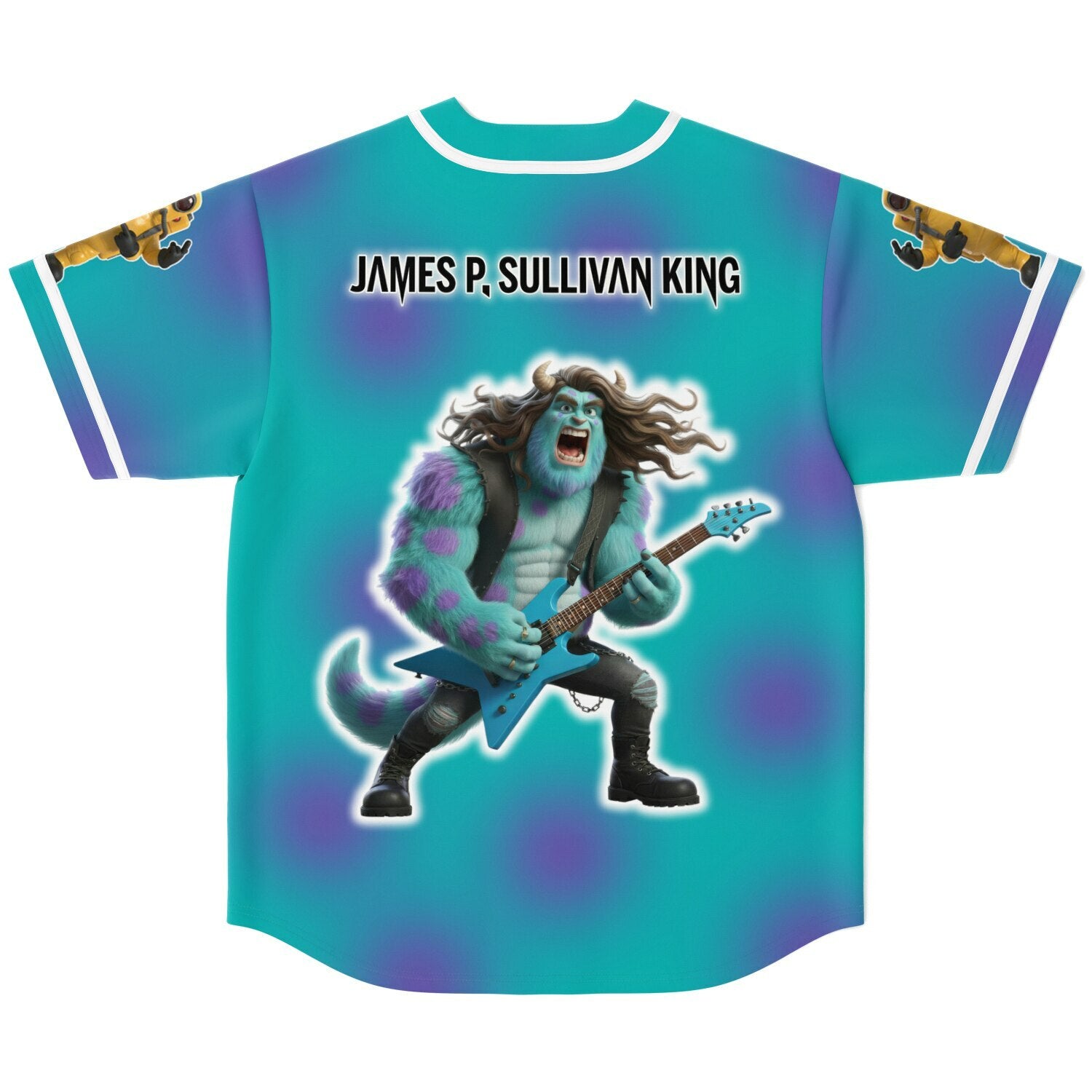 Flat lay of a teal-and-purple baseball-silhouette EDM jersey showing a guitar-shredding monster graphic and bold lettering — parody rave merch for headbangers from CollegeWares.