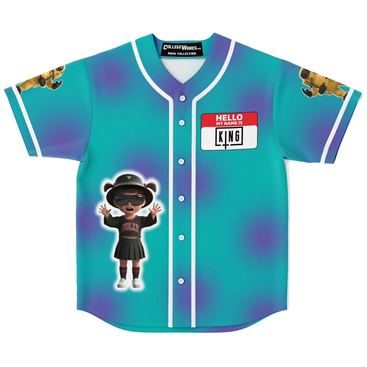 Flat front view of the teal EDM baseball jersey with a name-tag graphic and tiny hype-gremlin art — colorful festival outfit for college EDM fans from CollegeWares.