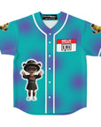 Flat front view of the teal EDM baseball jersey with a name-tag graphic and tiny hype-gremlin art — colorful festival outfit for college EDM fans from CollegeWares.