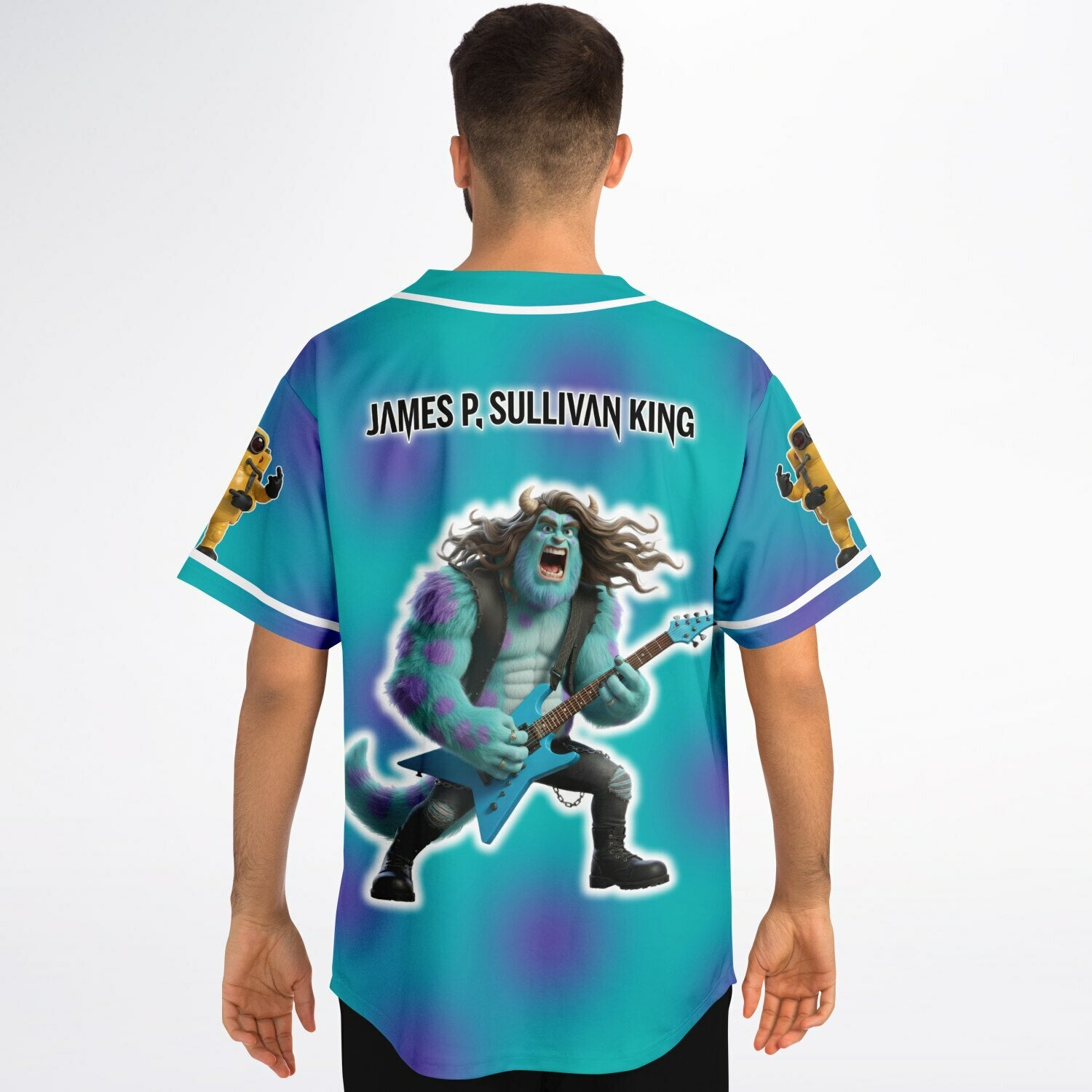 Back angle of the teal-and-purple parody EDM baseball jersey worn by a model, highlighting the animated monster shredding a guitar — festival jersey for bassheads from CollegeWares.