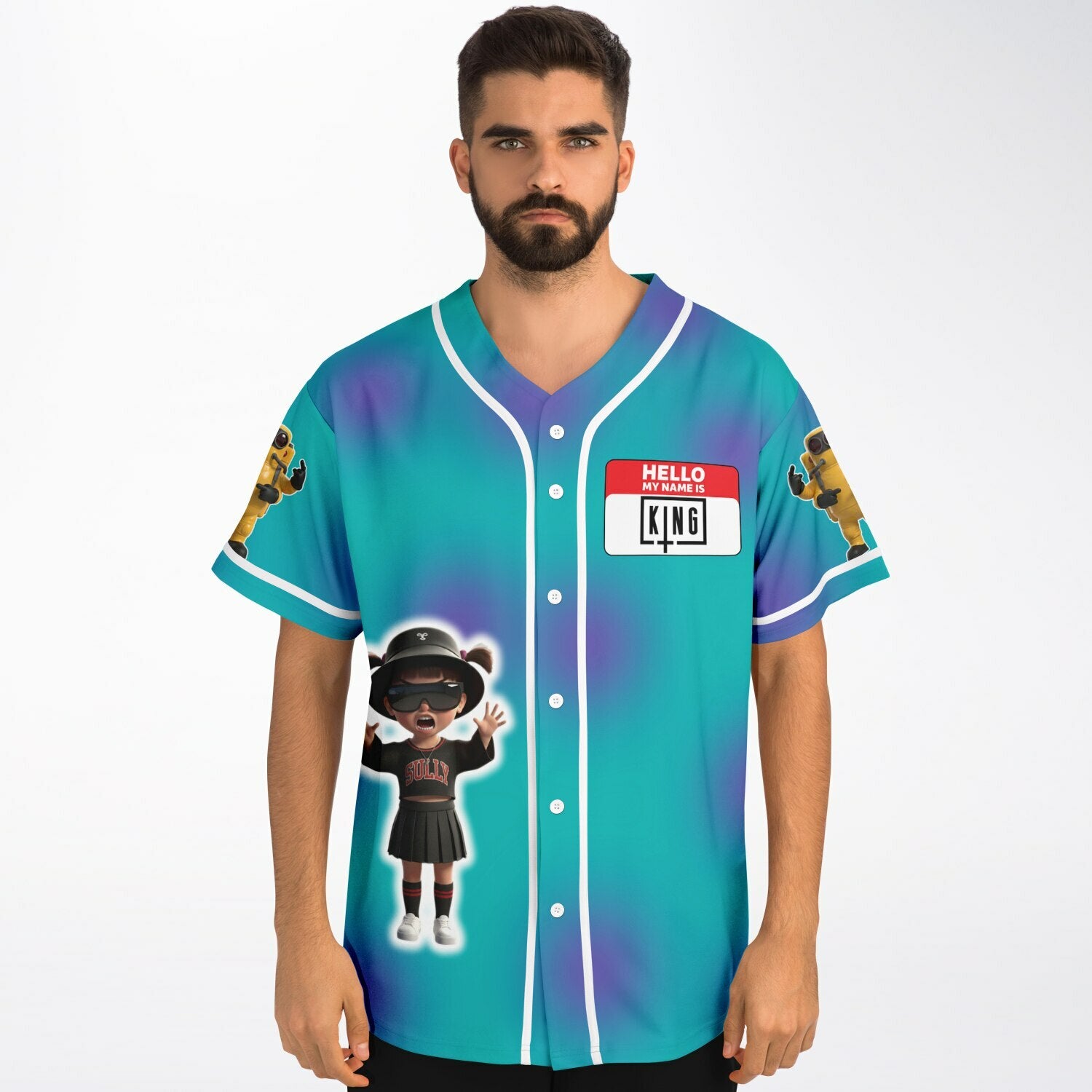 Front angle of the teal EDM baseball jersey worn by a model showing the name tag graphic and tiny hype-gremlin illustration — funny festival clothing for ravers from CollegeWares.