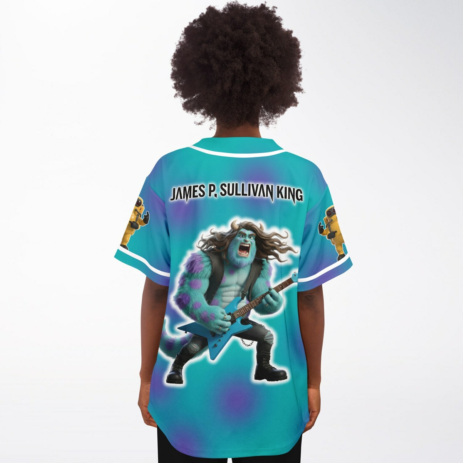 Back view of a teal-and-purple parody EDM baseball jersey featuring a roaring monster guitarist and stylized text — chaotic rave outfit for festival headbangers from CollegeWares.