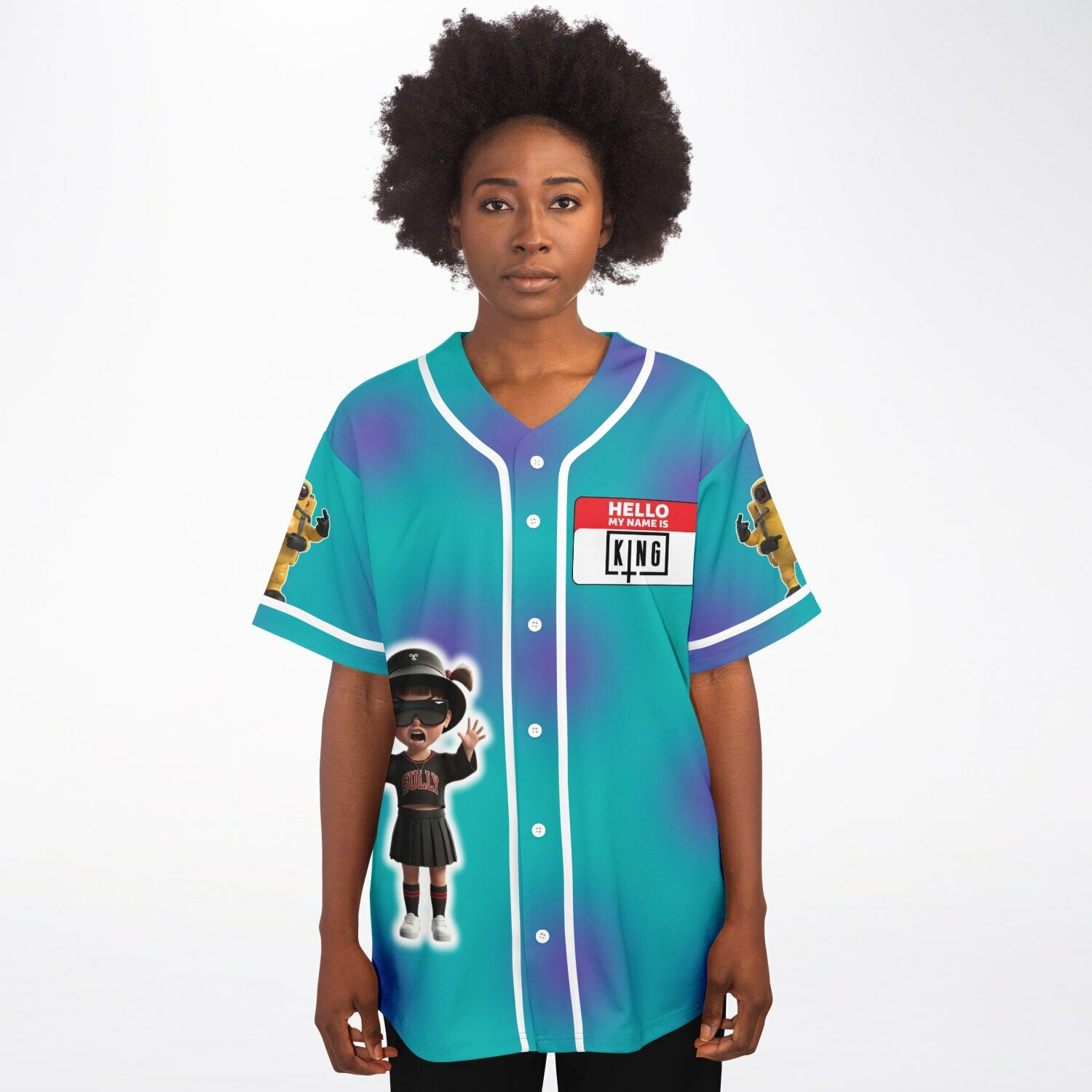 Front view of a teal EDM baseball jersey with white piping, a ‘Hello My Name Is King’ badge, and a screaming rave gremlin character — cartoon-chaos festival clothing for bass fans from CollegeWares.