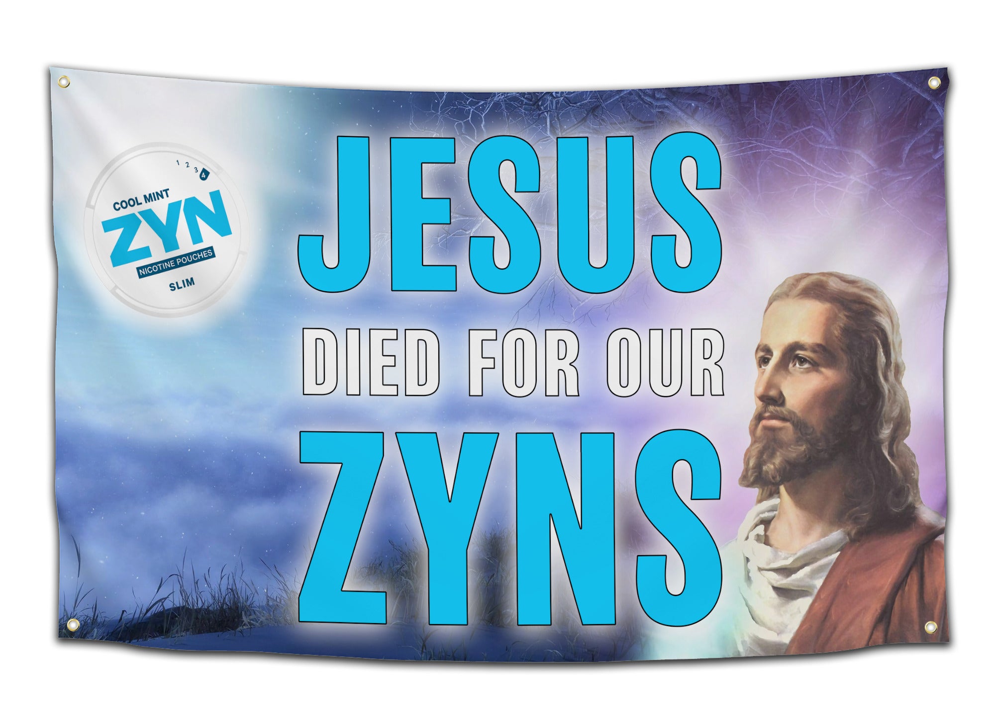 Flag with background of cloudy night sky featuring Jesus and a Zyn nicotine pouch, with text “Jesus died for our Zyns” – funny religious parody flag from CollegeWares.