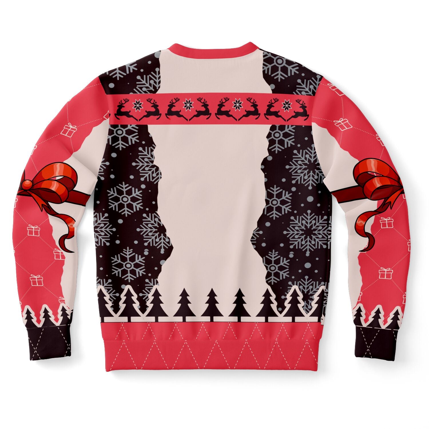 Back view of red and black sweater with snowflakes, trees, and gift ribbon graphic — playful Christmas party design from CollegeWares.