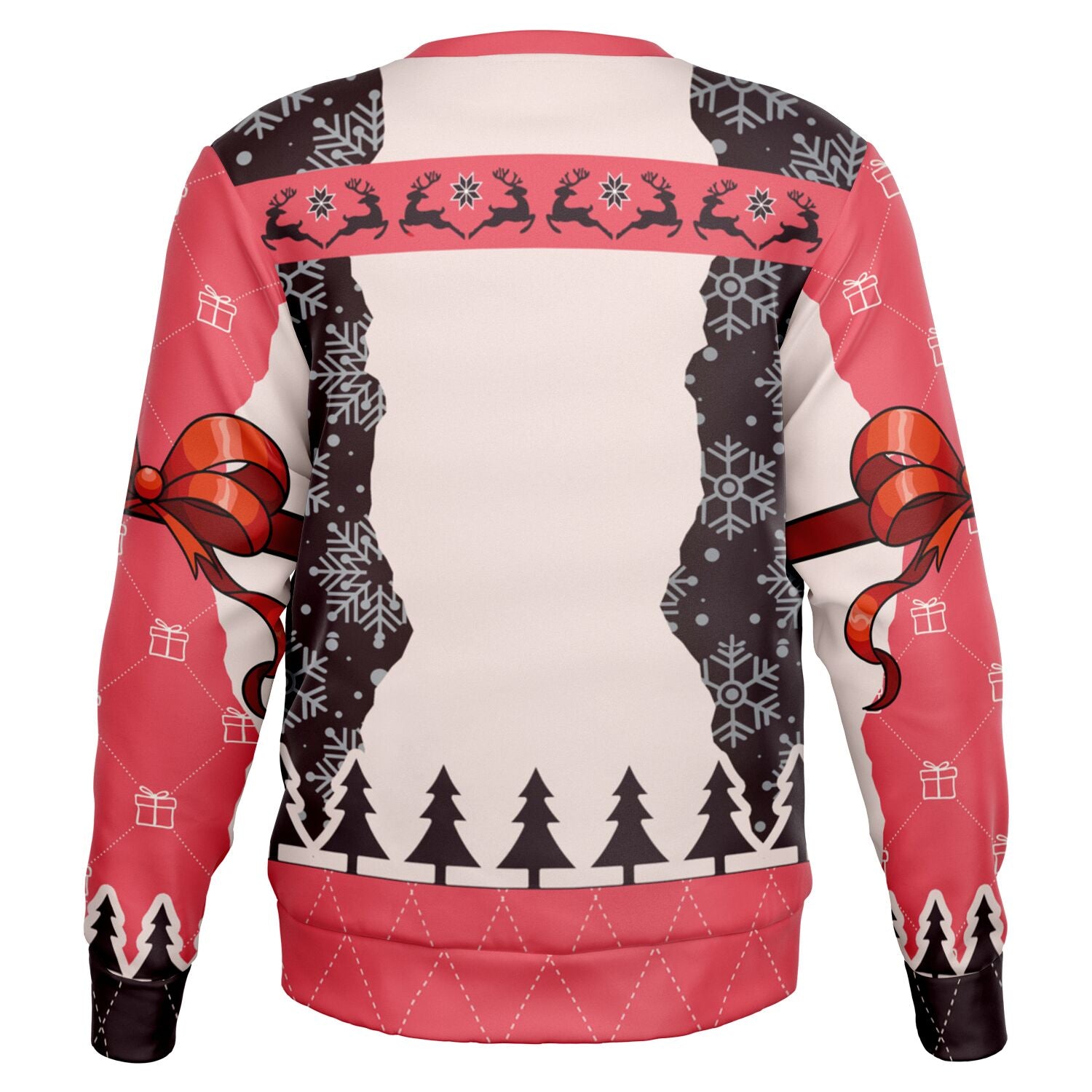 Back view of red and black sweater with snowflakes, trees, and gift ribbon graphic — playful Christmas party design from CollegeWares.