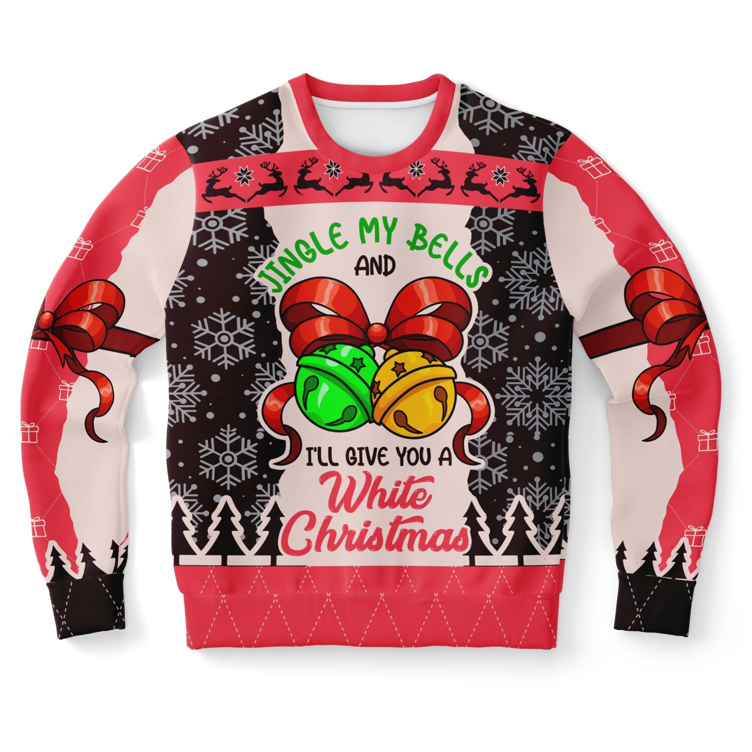 Red and black holiday sweater with “Jingle My Bells I’ll Give You a White Christmas” text, red bow, and green/gold bells — funny adult humor design from CollegeWares.
