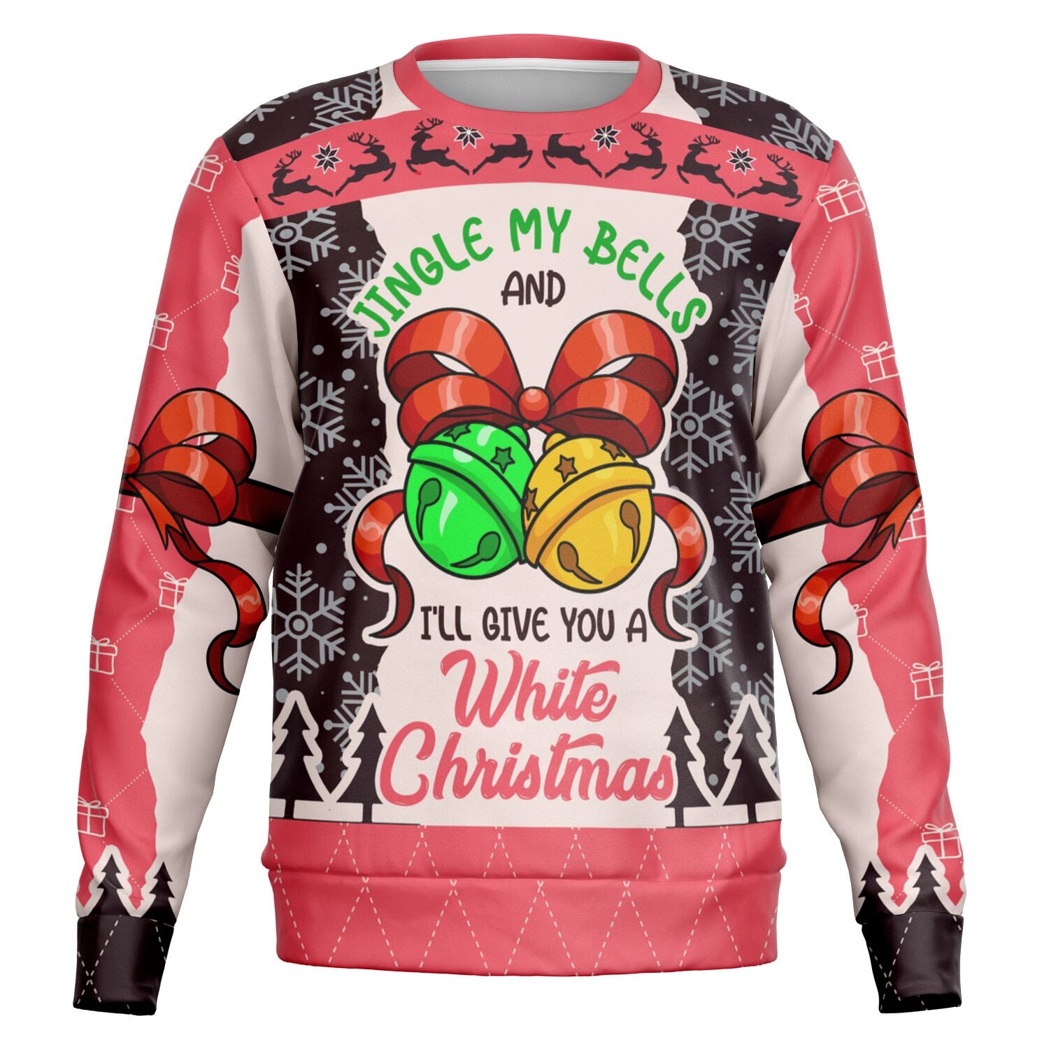 Red and black holiday sweater with “Jingle My Bells I’ll Give You a White Christmas” text, red bow, and green/gold bells — funny adult humor design from CollegeWares.