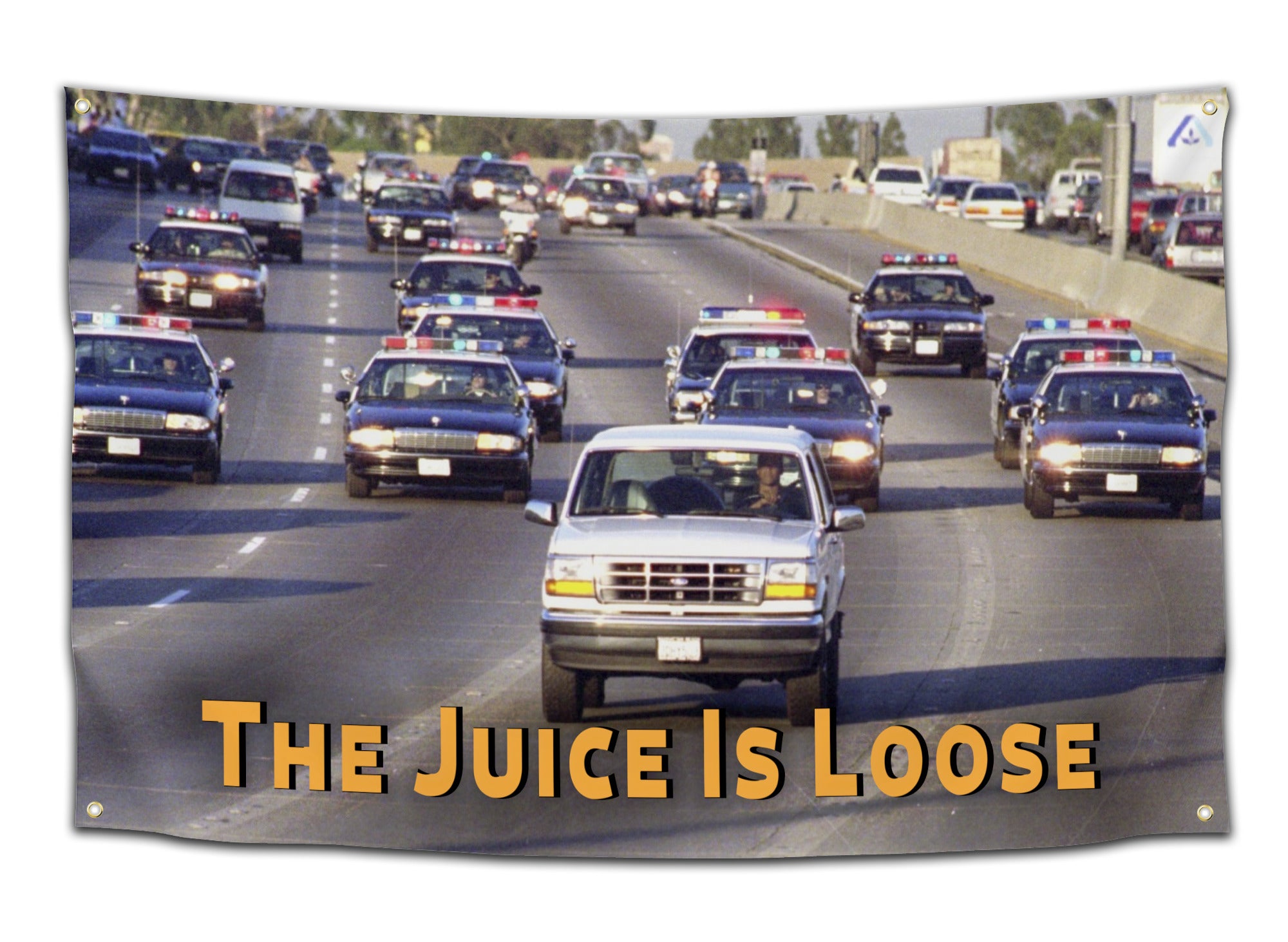 Flag showing OJ Simpson driving a white Bronco on the freeway chased by a squad of police cars, with text “The Juice Is Loose” — 90s meme flag from CollegeWares.
