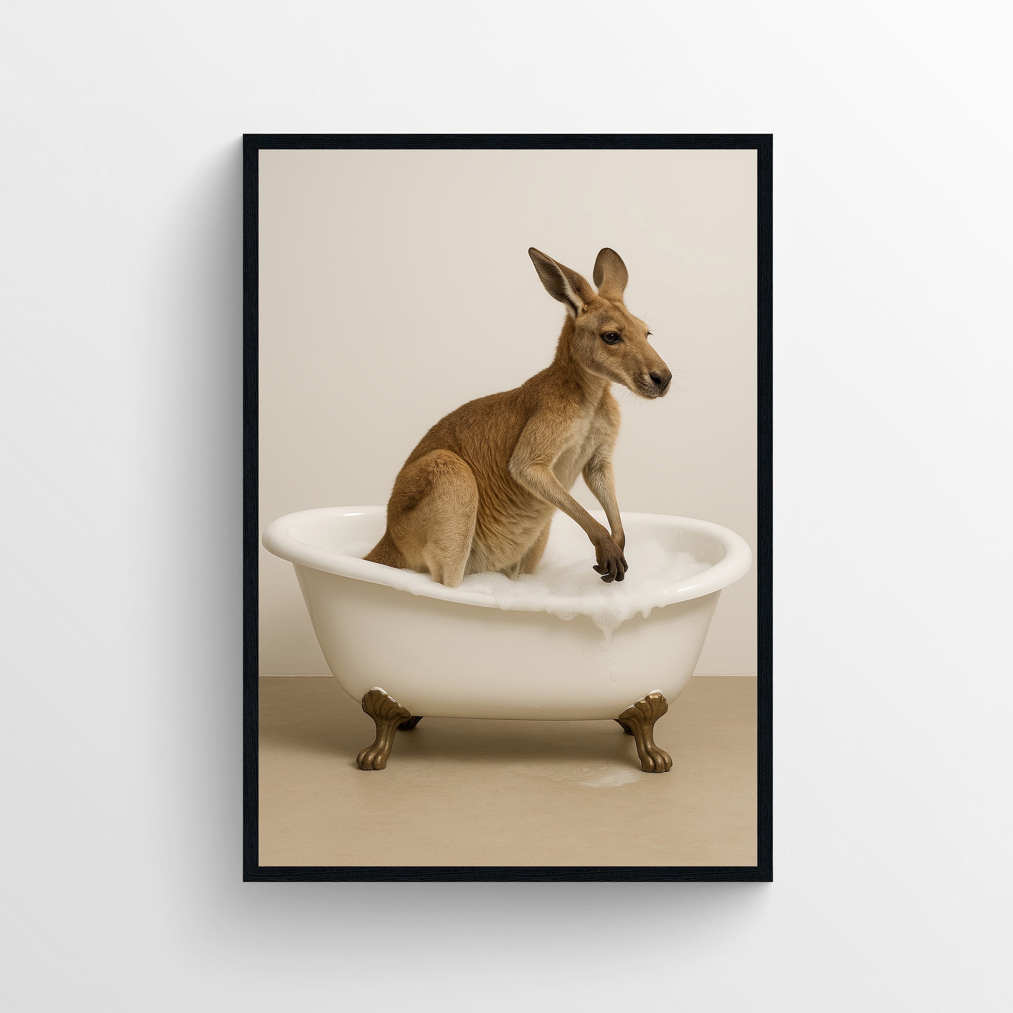 Photorealistic kangaroo standing in a clawfoot bathtub in a minimalist bathroom — funny bathroom poster and animal wall print with modern wall art for apartments and dorms by CollegeWares.
