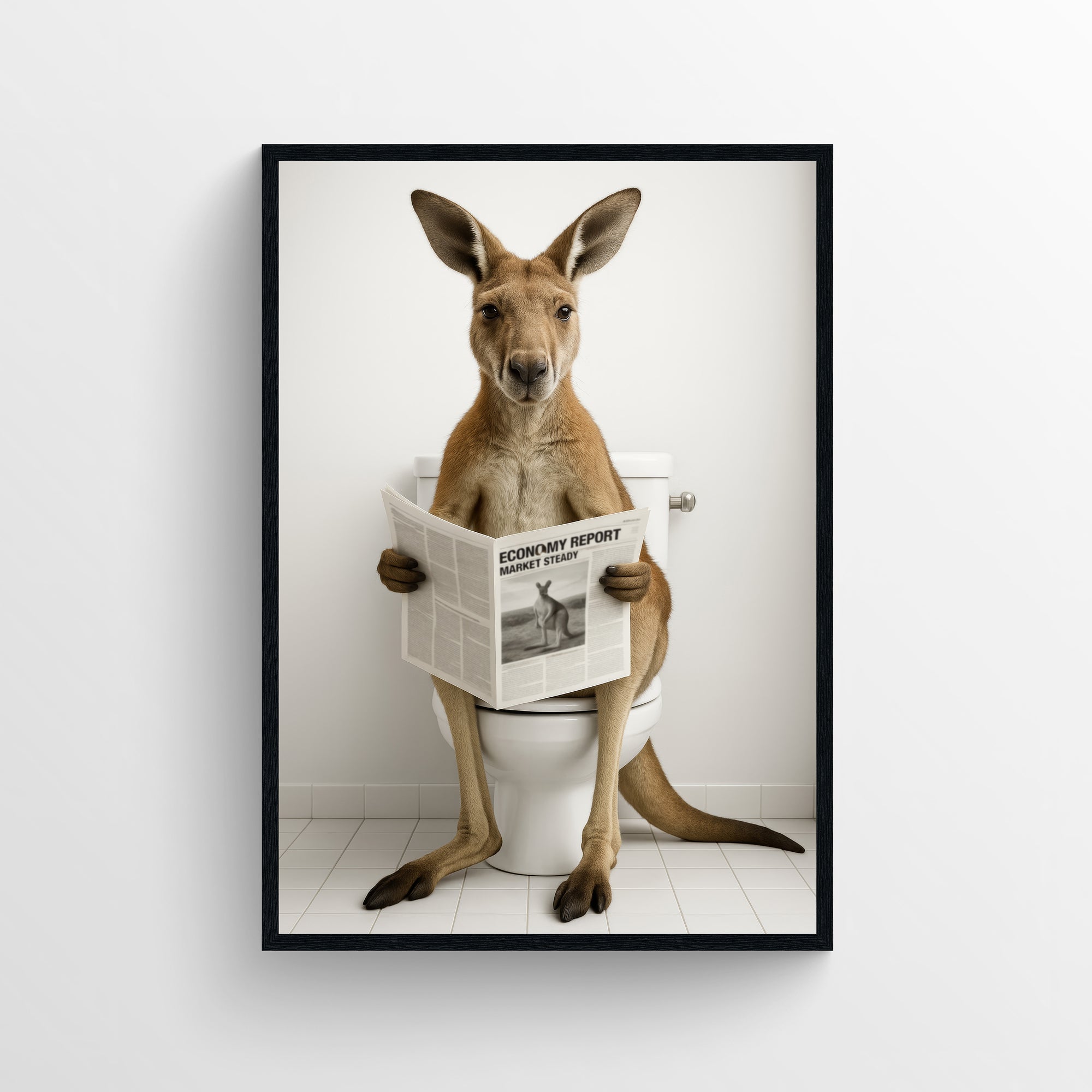 Photorealistic kangaroo sitting on a toilet reading a newspaper in a minimalist bathroom — funny bathroom poster and animal wall print with modern wall art for apartments and dorms by CollegeWares.