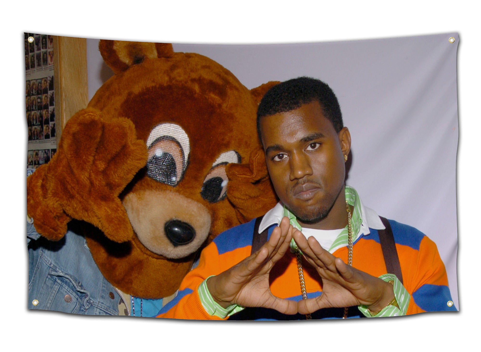 Flag showing Kanye West posing next to a large brown bear mascot in a denim jacket, with Kanye making a hand symbol — College Dropout-inspired meme flag from CollegeWares.