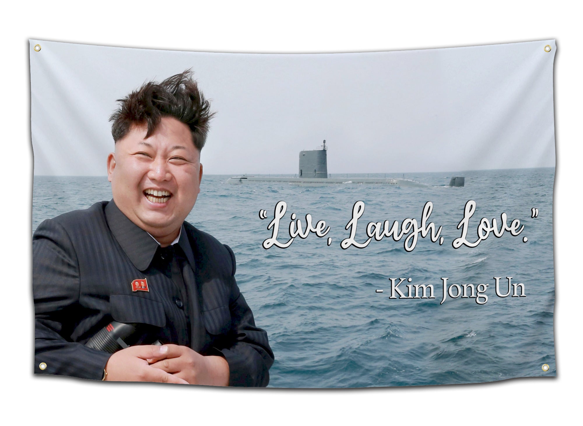 Flag showing Kim Jong Un laughing with the ocean and a submarine in the background, featuring text “Live, Laugh, Love” — ironic meme flag from CollegeWares.