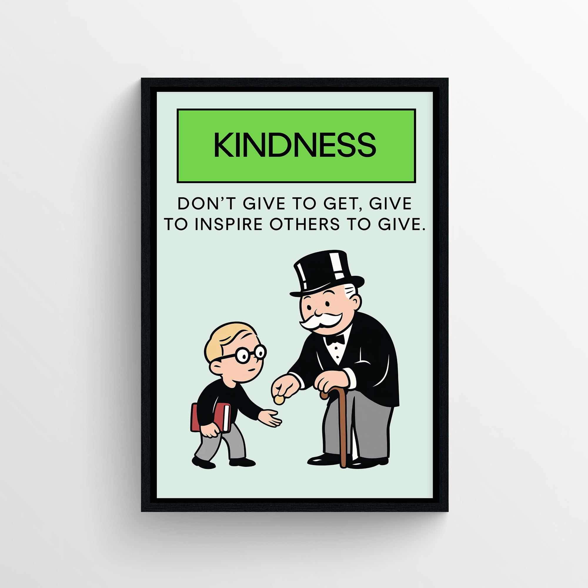 Minimalist “Kindness” poster featuring a green header, clean typography, and a cartoon figure helping a young student — modern inspirational wall art for college rooms, apartments, and community spaces by CollegeWares.