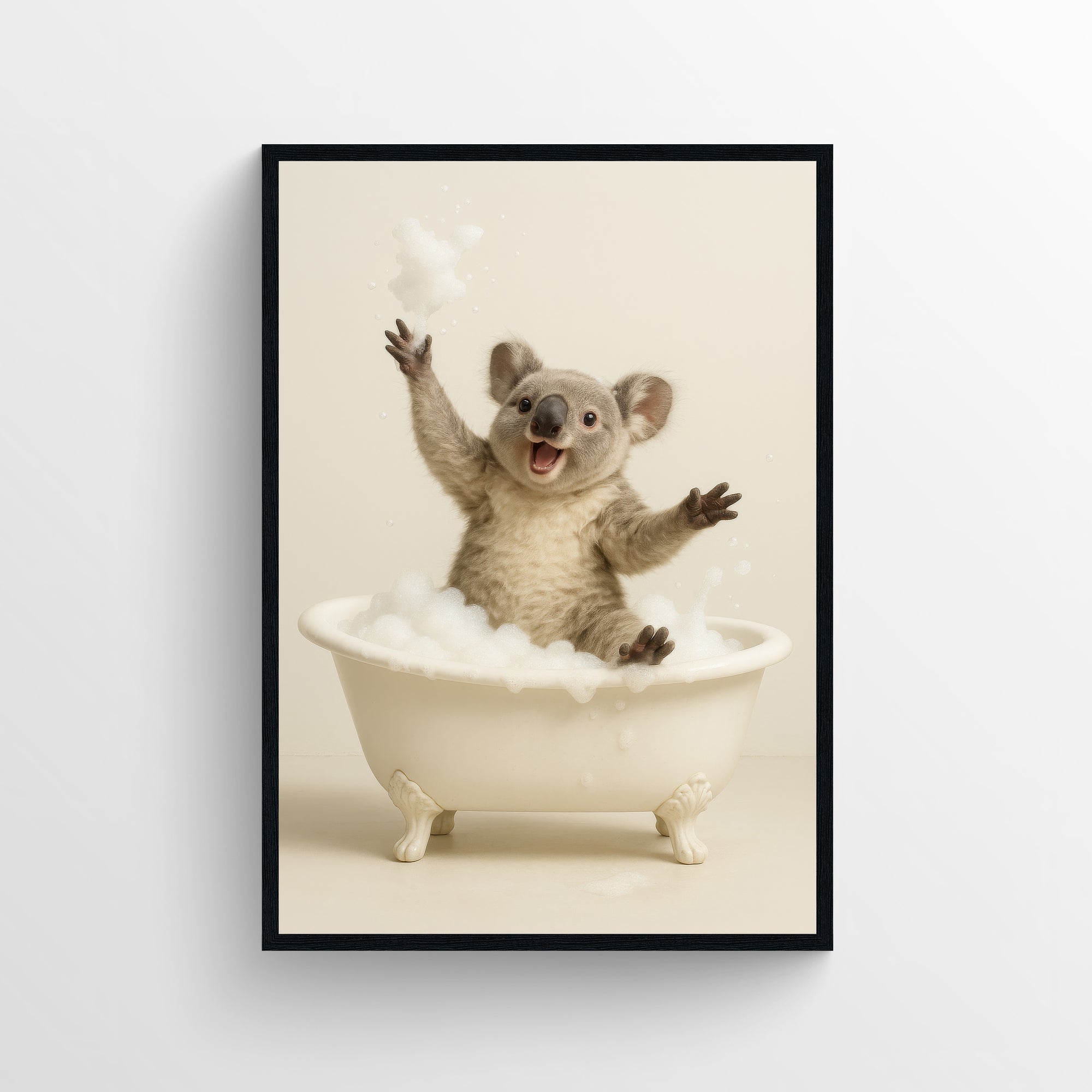 Photorealistic koala splashing in a clawfoot bathtub in a minimalist bathroom — funny bathroom poster with clean modern wall art style for apartments and dorms, animal wall print by CollegeWares.