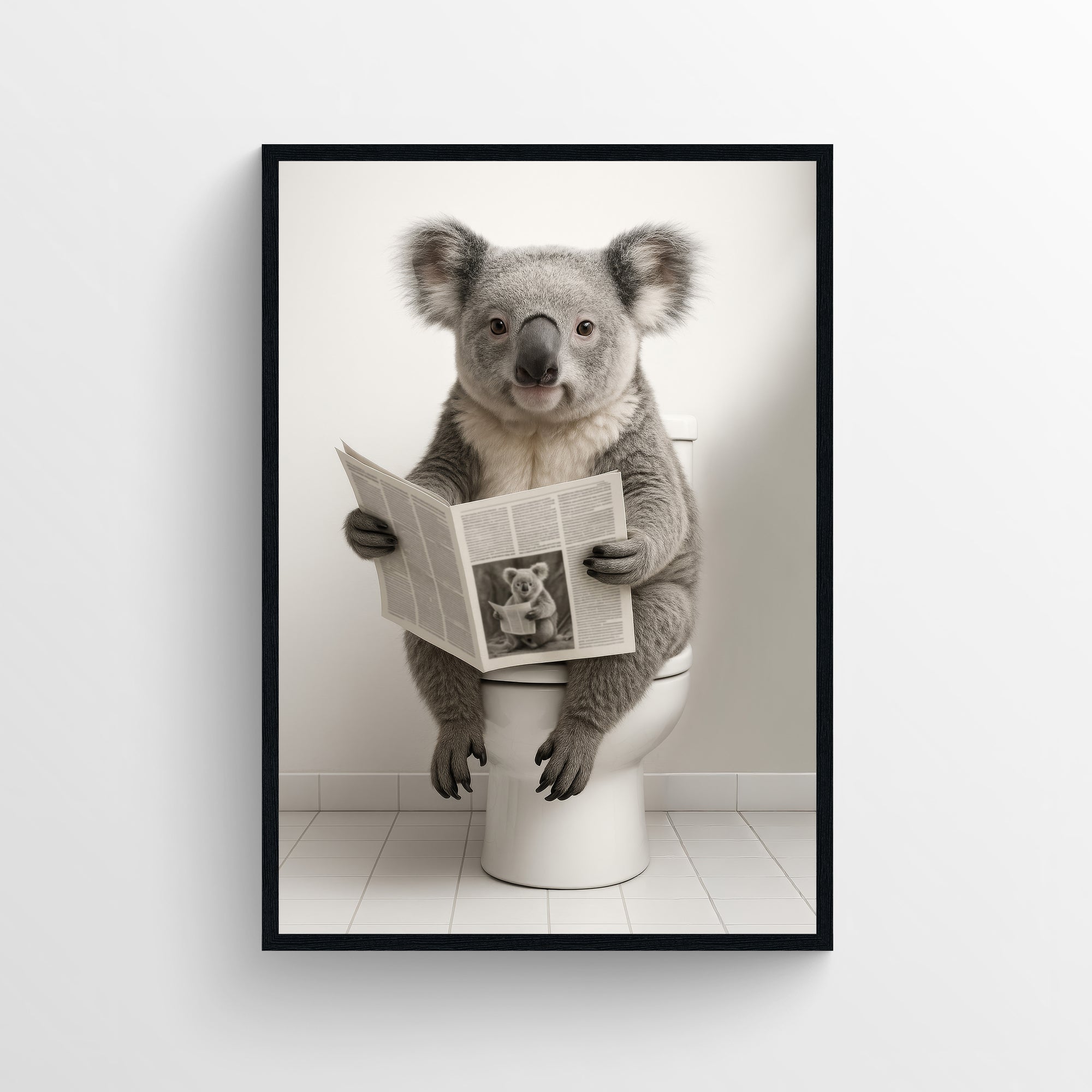 Photorealistic koala sitting on a toilet reading a newspaper in a minimalist bathroom — funny bathroom poster with clean modern wall art style for apartments and dorms, animal wall print at CollegeWares.