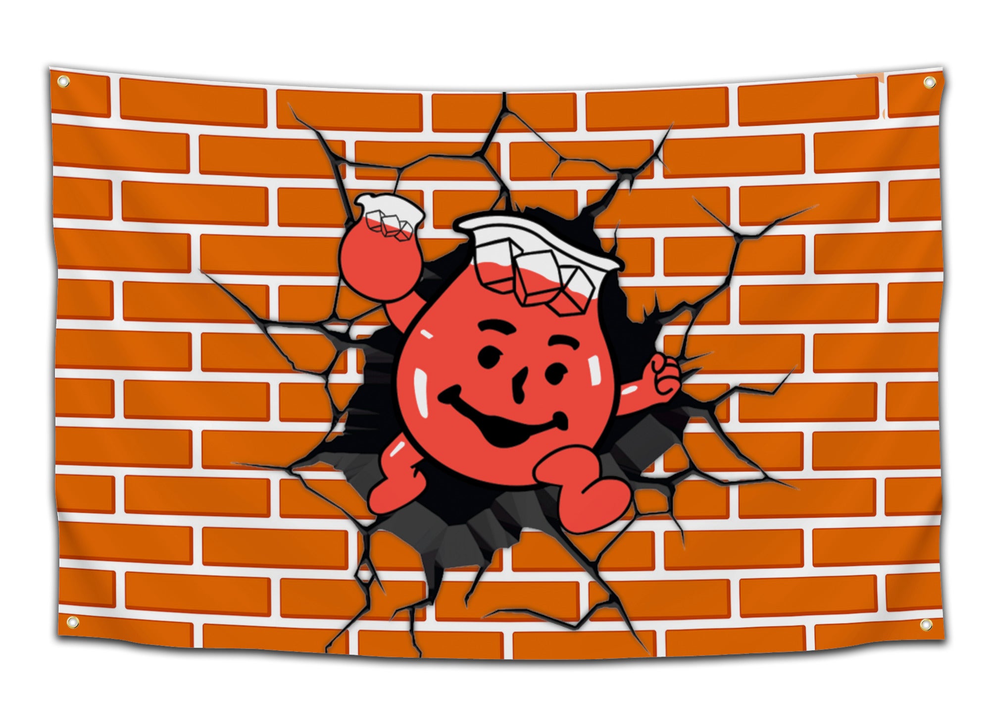 Flag featuring the Kool-Aid Man crashing through a brick wall, holding a pitcher of red drink — nostalgic and funny party flag from CollegeWares.