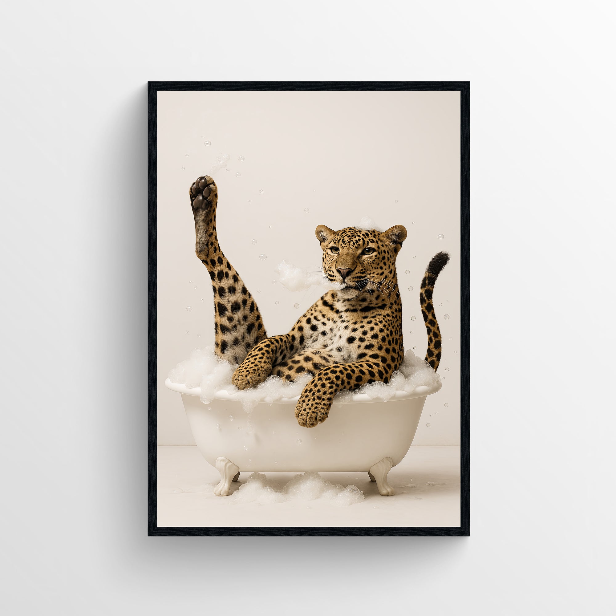 Photorealistic leopard lounging in a clawfoot bathtub with one leg raised — funny bathroom poster with clean minimalist style for modern bathrooms, apartments, and dorms, animal wall print and modern wall art by CollegeWares.