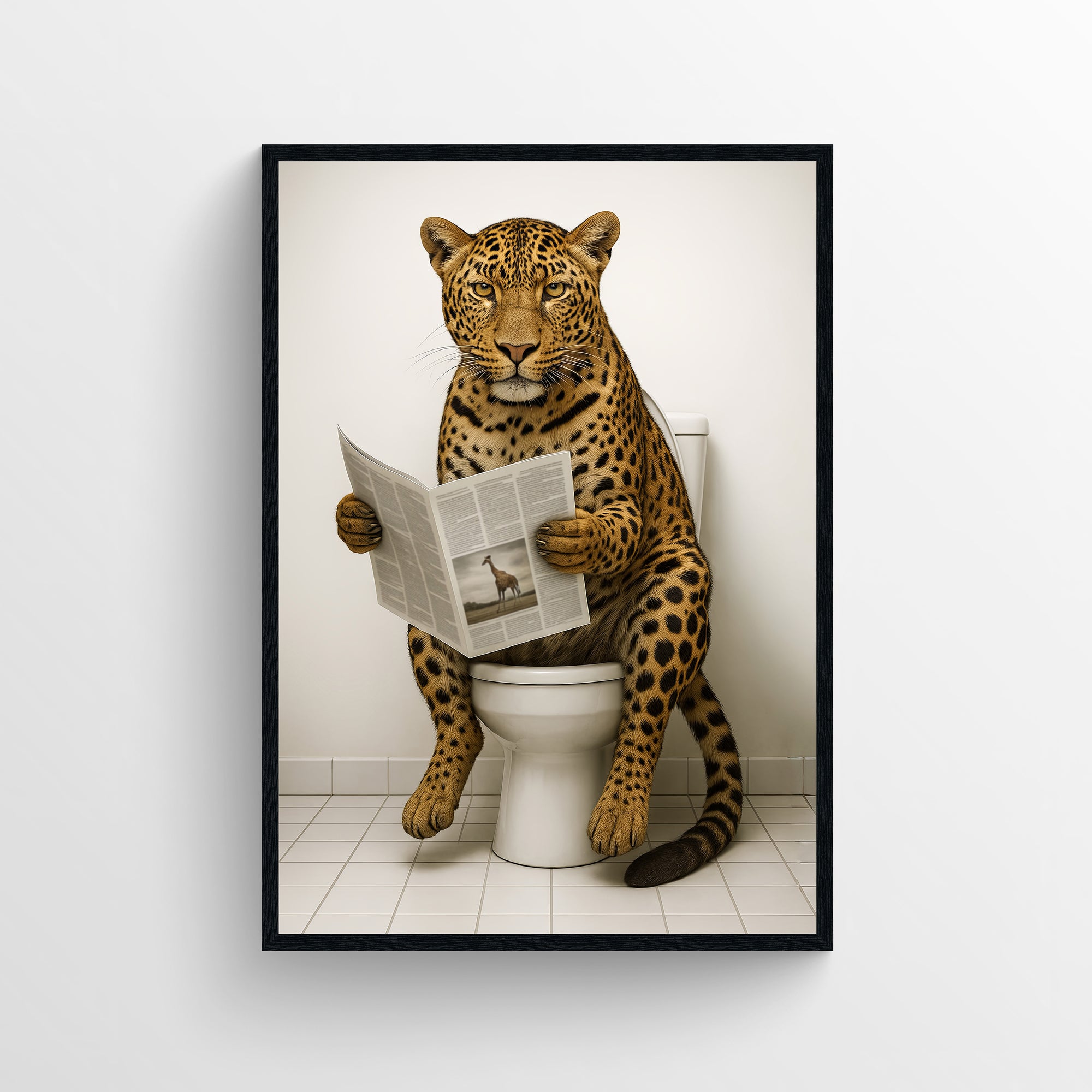 Photorealistic leopard sitting on a toilet reading a newspaper — funny bathroom poster with clean minimalist style for modern bathrooms, apartments, and dorms, animal wall print and modern wall art by CollegeWares.