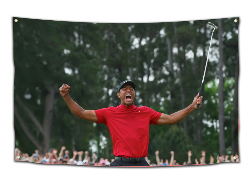 Victory flag featuring a golf legend in a red shirt screaming with fists raised and putter held high after a win — epic dorm wall banner for sports fans and frat houses by CollegeWares.