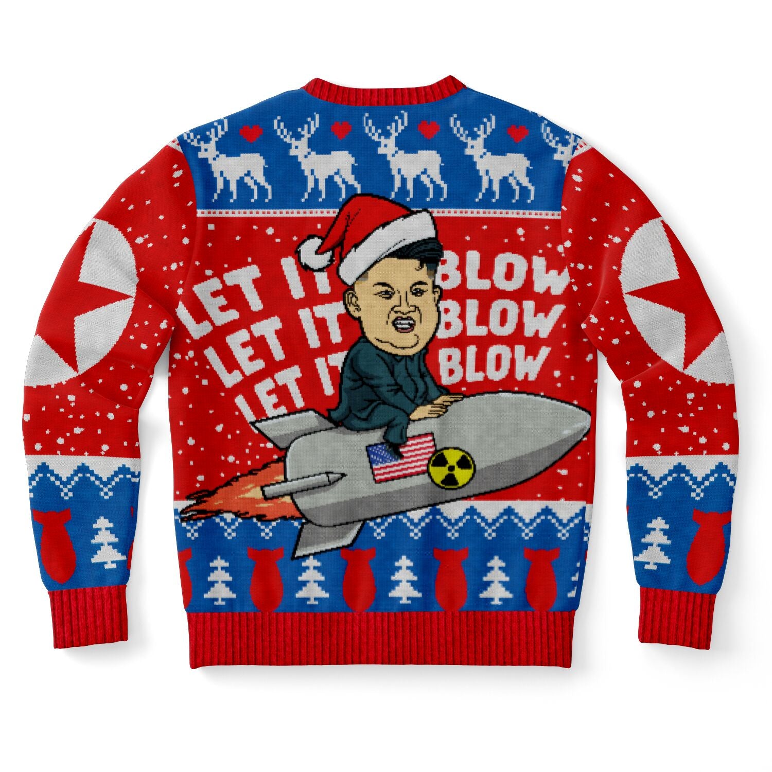 Back view of Kim Jong Un missile graphic and repeating “Let It Blow” text — provocative and politically charged design from CollegeWares.