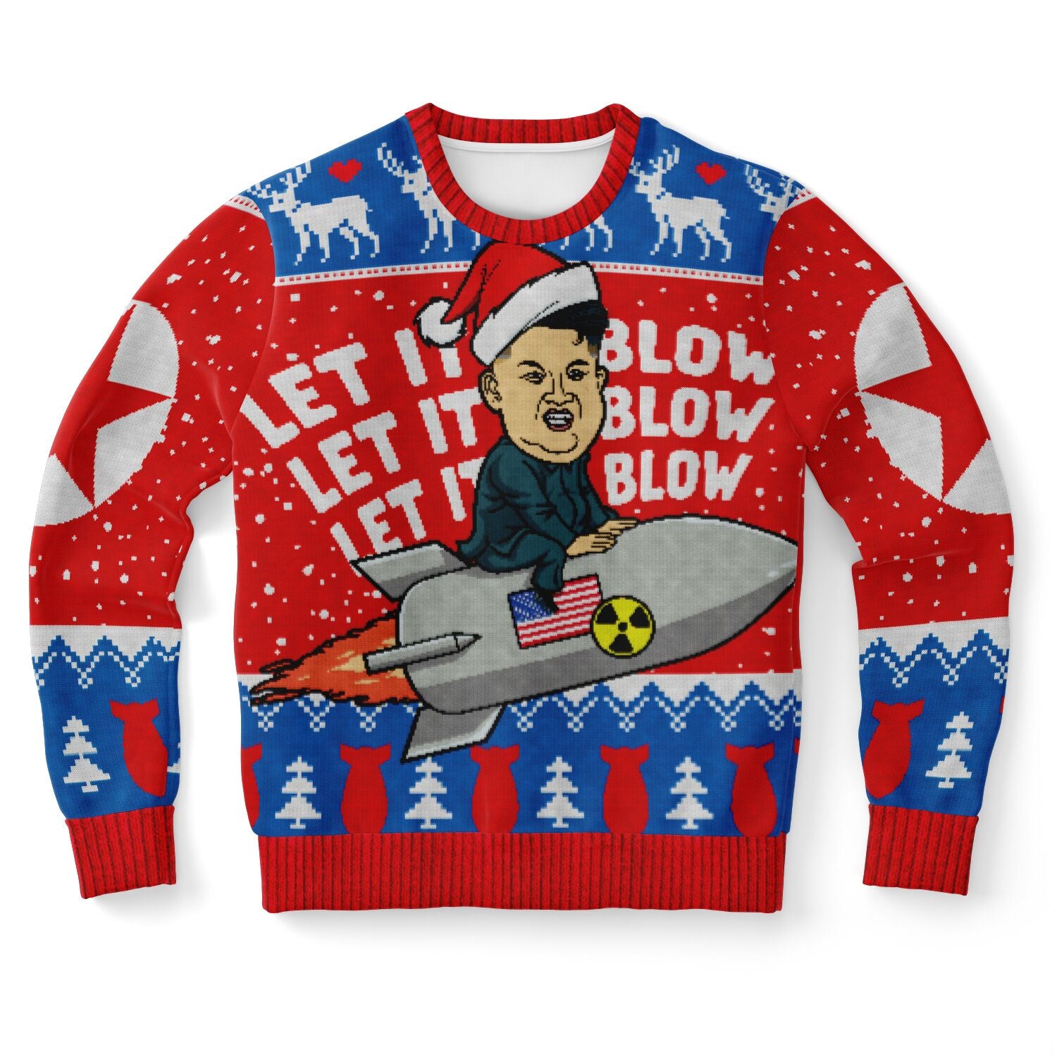 Red and blue sweater featuring cartoon Kim Jong Un on a missile with “Let It Blow” text — bold, edgy humor from CollegeWares.