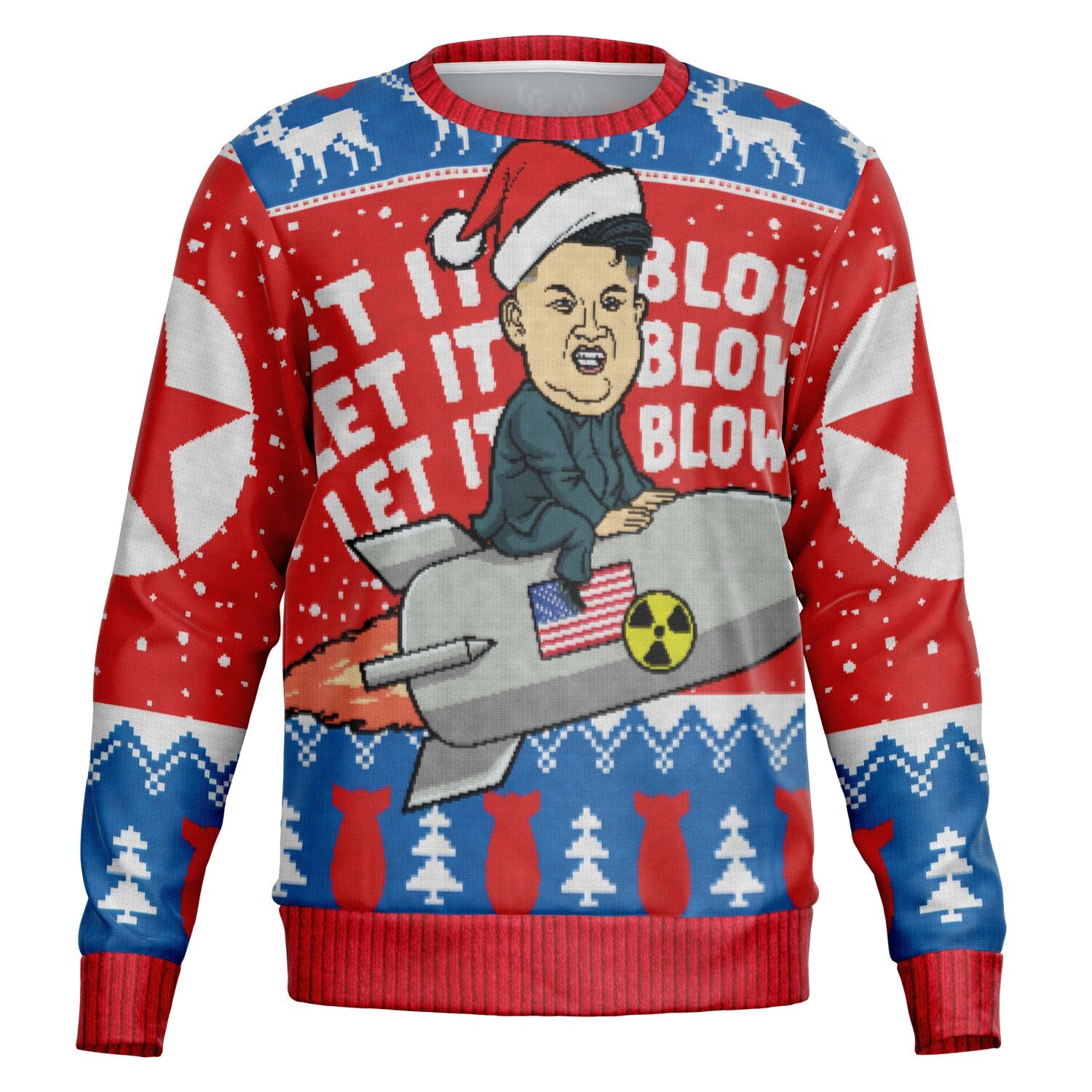 Red and blue sweater featuring cartoon Kim Jong Un on a missile with “Let It Blow” text — bold, edgy humor from CollegeWares.