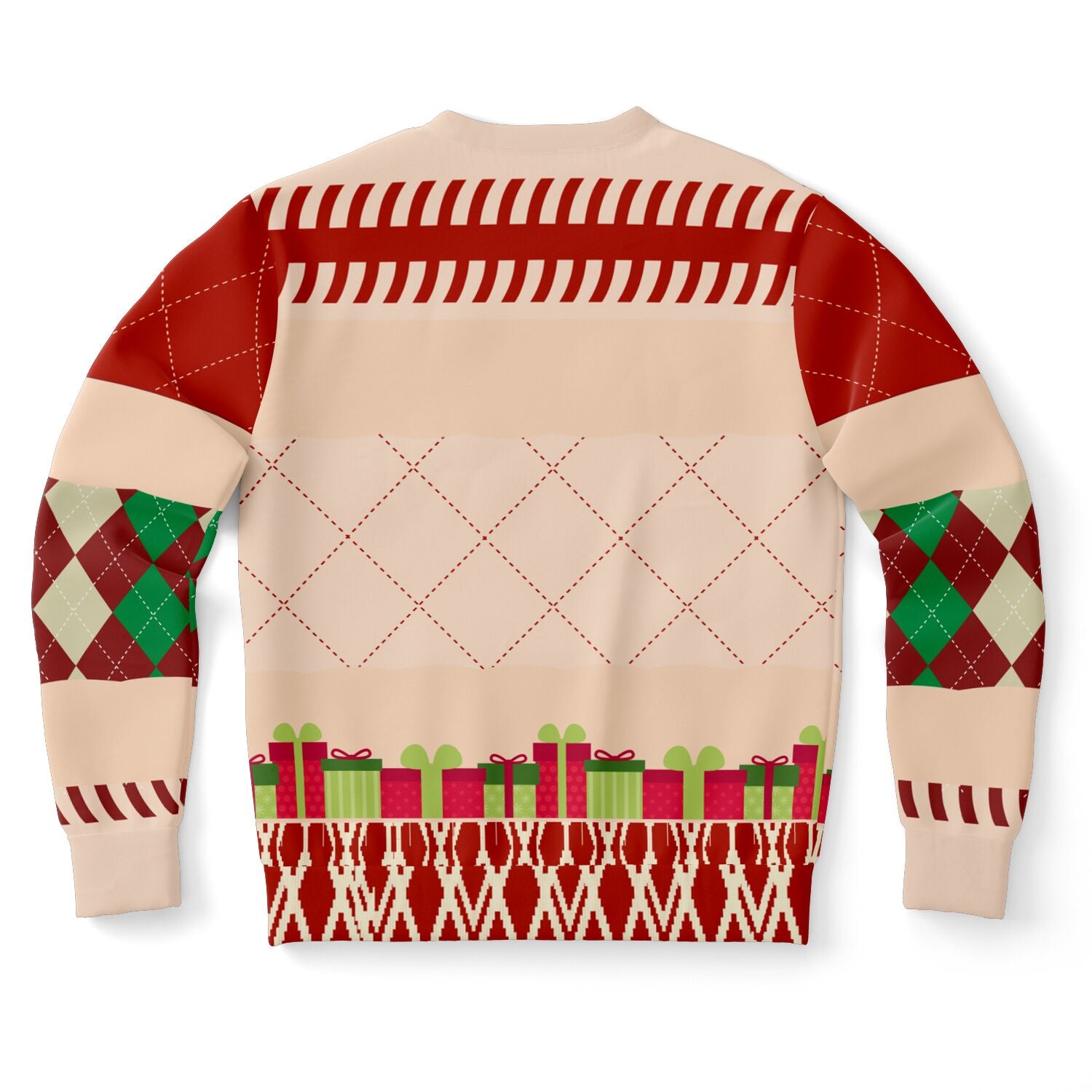 Back view of beige and red Christmas sweater with wrapped gifts, argyle sleeves, and no text — festive partywear from CollegeWares.