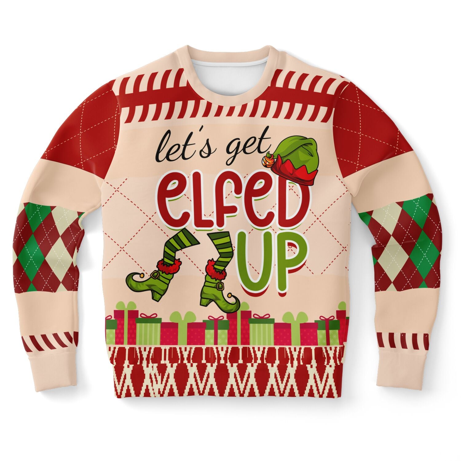 Beige and red Christmas sweater with argyle sleeves, elf legs, green elf hat, and “Let’s Get Elfed Up” slogan — bold holiday humor from CollegeWares.