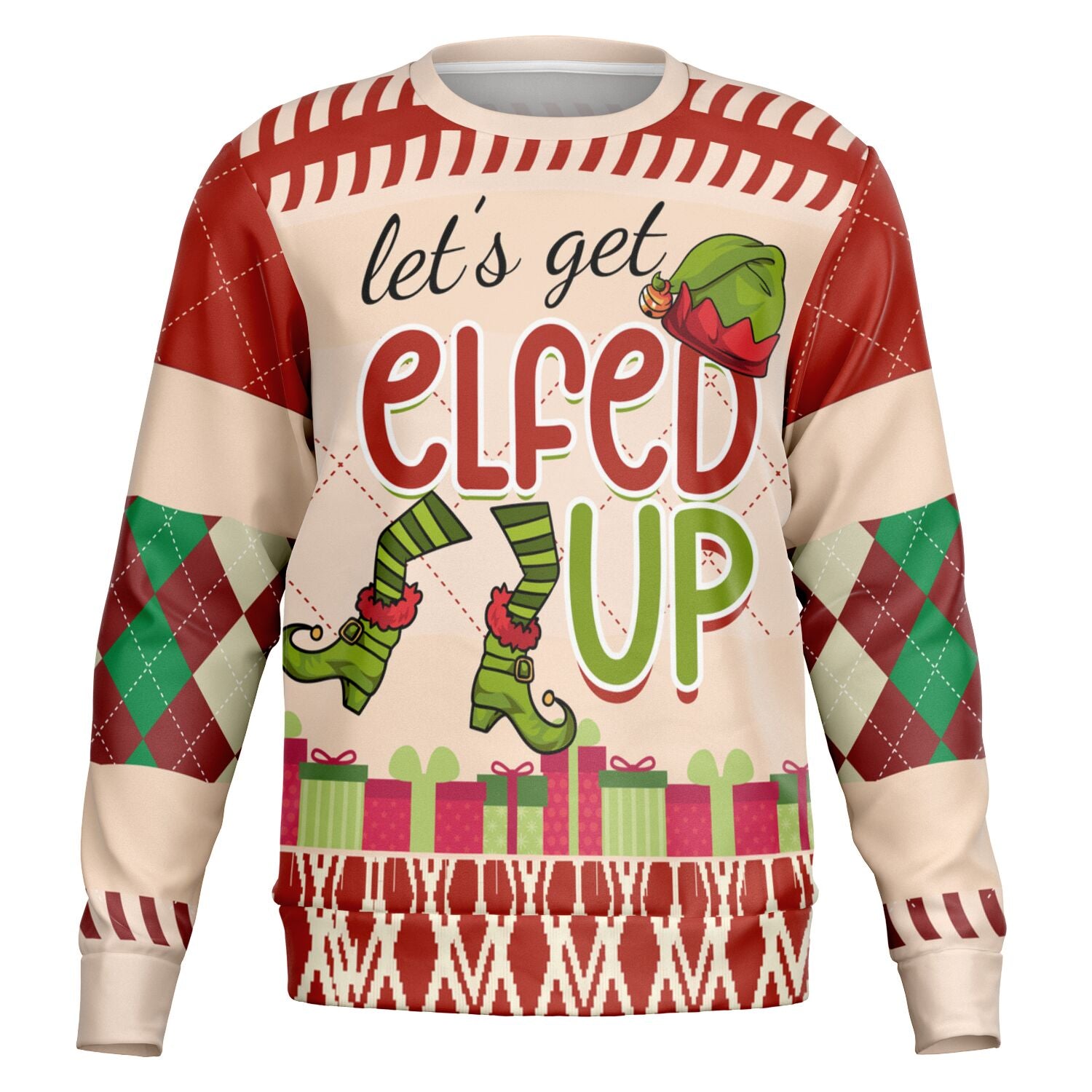 Beige and red Christmas sweater with argyle sleeves, elf legs, green elf hat, and “Let’s Get Elfed Up” slogan — bold holiday humor from CollegeWares.