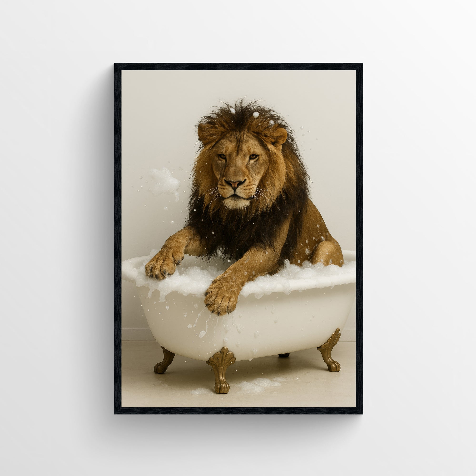 Photorealistic lion reclining in a clawfoot bathtub in a minimalist bathroom — funny bathroom poster with clean modern wall art style, animal wall print for apartments and dorms by CollegeWares.